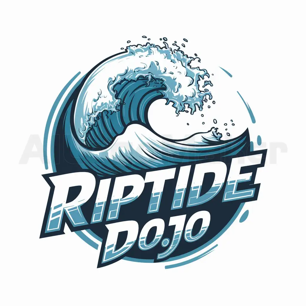 a logo design,with the text "RipTide Dojo", main symbol:logo could feature a dynamic illustration of a stylized wave, with crashing water forming the shape of a clenched fist at its crest. This would represent both the water theme and the martial arts aspect of the dojo. Below the wave, the words 'Riptide Dojo' could be written in bold, impactful lettering, perhaps with a martial arts-inspired font. Additionally, incorporating shades of blue and white would enhance the aquatic feel of the design.,complex,be used in Sports Fitness industry,clear background