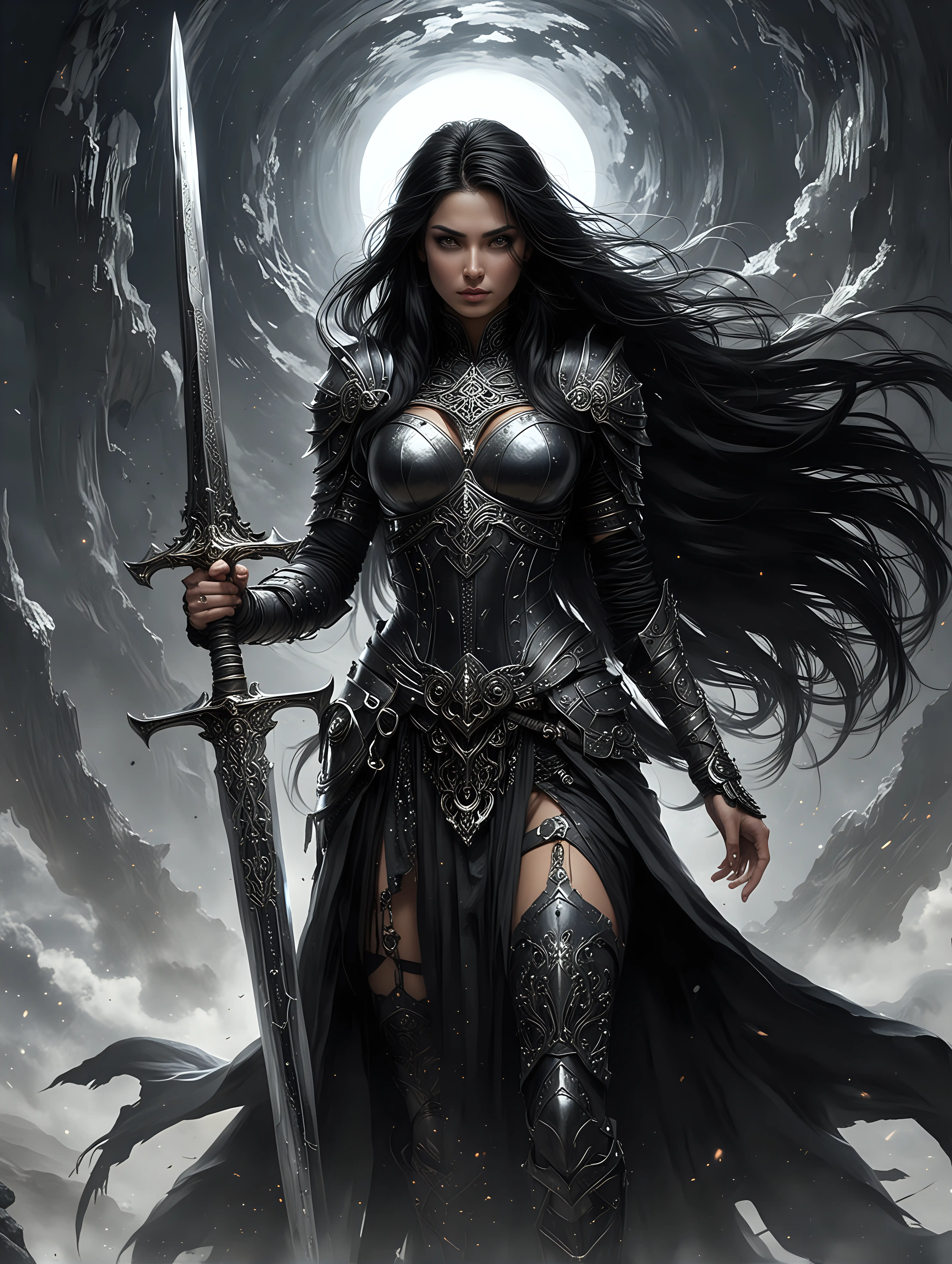 На фоне черной дыры стоит красивая женщина воин, она жрица, в руке у нее большой меч. Глаза женщины украшает железная маска. У женщины длинные черные волосы. На женщине одежда с доспехами черного цвета, которая развивается на ветру.