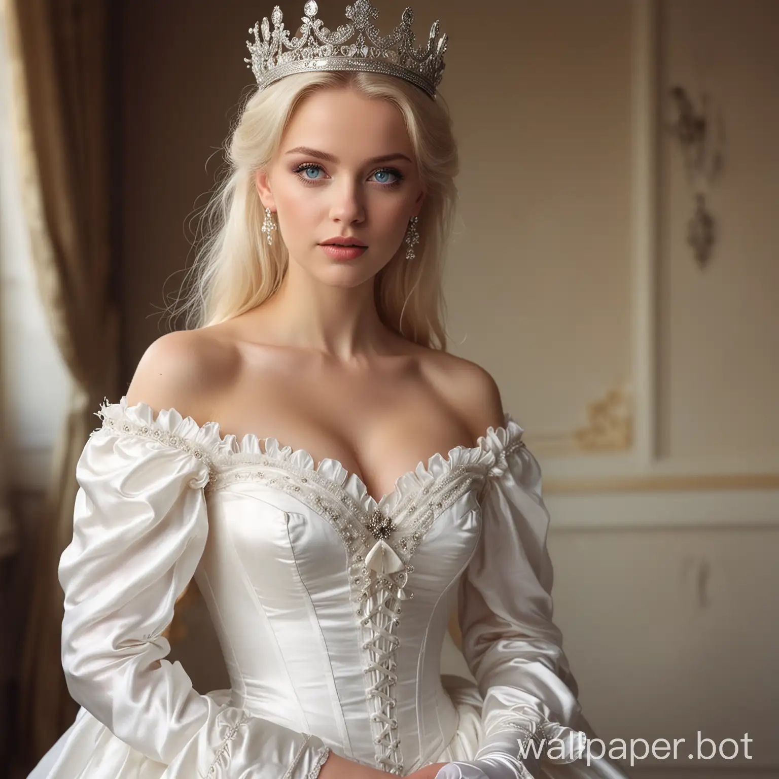 Crowned beautiful young blue-eyed blonde Queen in crown, in white silk off-shoulder sleeveless dress with deep cleavage, lace and bows, white silk push up corset, long puffy white silk skirt, white opera length silk gloves. Queen takes aim from a drawn bow