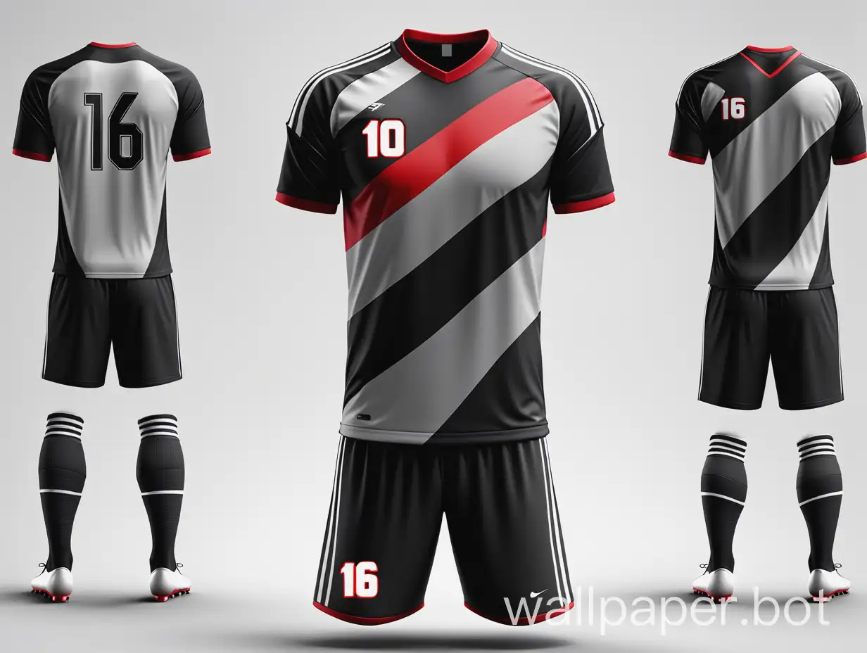 Soccer uniform black-gray-red with wide diagonal stripes white background concept form 16K