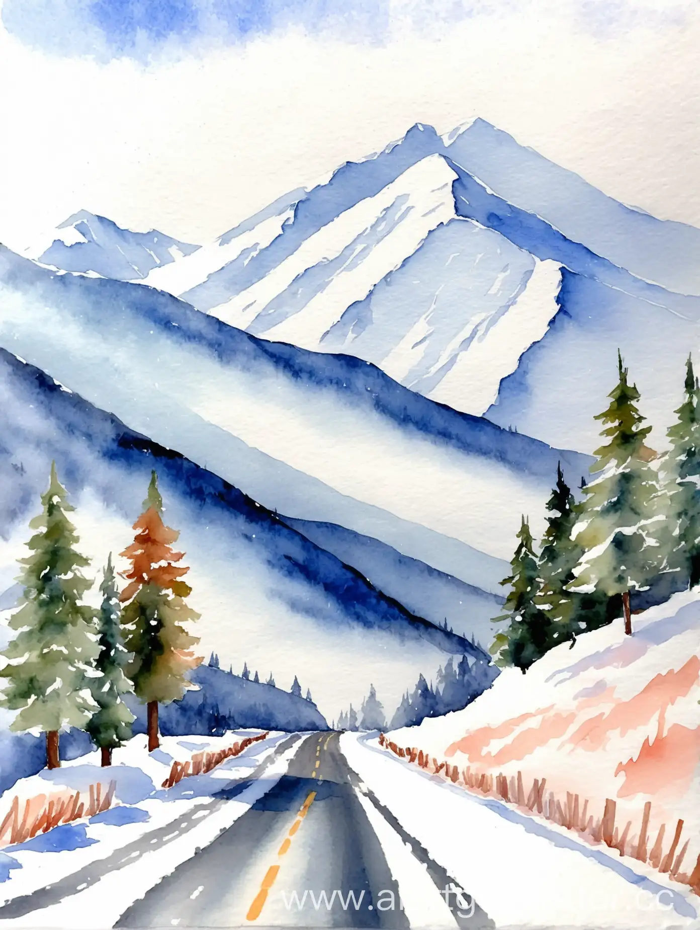 Snowy-Mountain-Road-Tranquil-Winter-Landscape-Watercolor-Painting