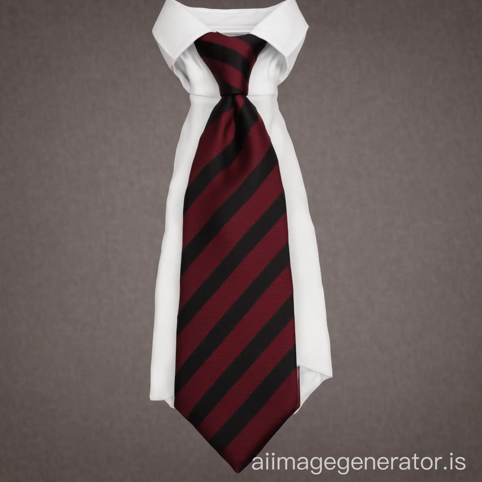 dark maroon tie with black stripes. Standard length of tie. The tie should be against a white shirt, and the stripes should be equidistant from each other and slightly decrease the width of the black stripes. the lenght and the widht of the tie should be standard


