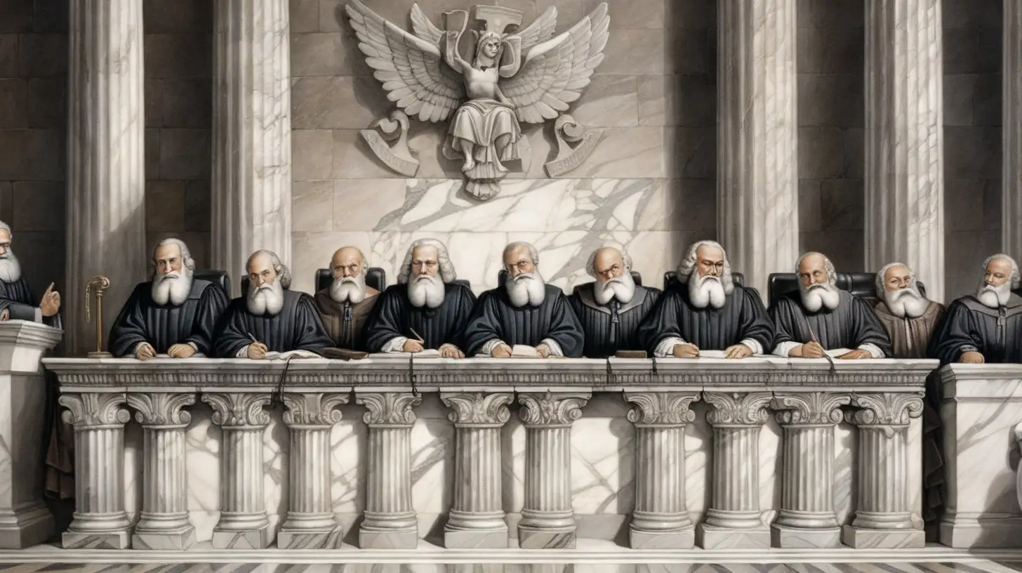 Judges of the Biblical Era Smirking in Court Amidst Marble Columns with the Penal Code