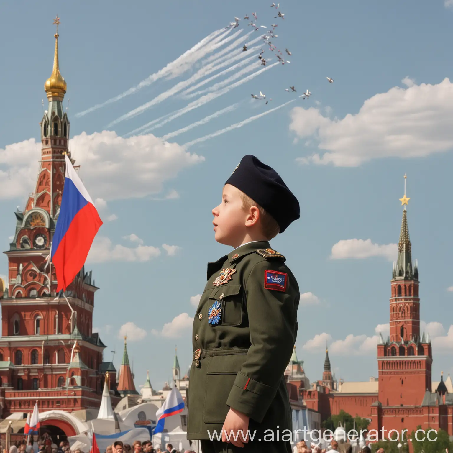 Boy-in-Forage-Cap-Saluting-with-Russian-Flag-Sky-Drawing