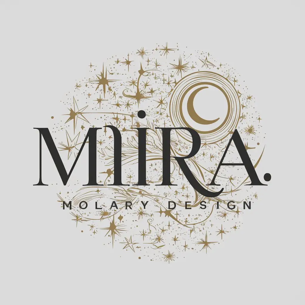 a logo design,with the text "Mira", main symbol:Starry sky and moon,complex,clear background