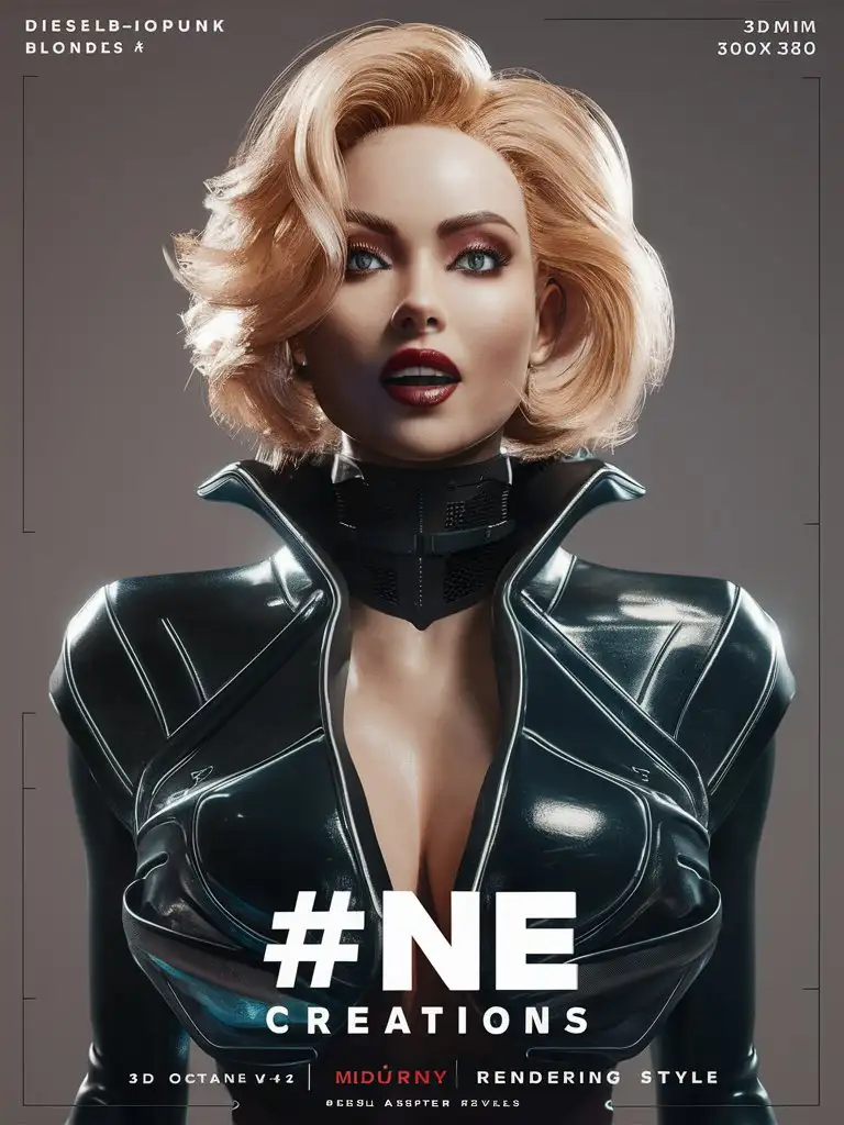 design a bold poster "title: #one creations" featuring A mysterious busty blonde dieselbiopunk blonde woman, Add_Details_XL-fp16 algorithm, 3D octane rendering style (3DMM_V12) with the mdjrny-v4 style, infused with global illumination, --q 180 --s 275 --ar 3:4 --c 500 --w 300
