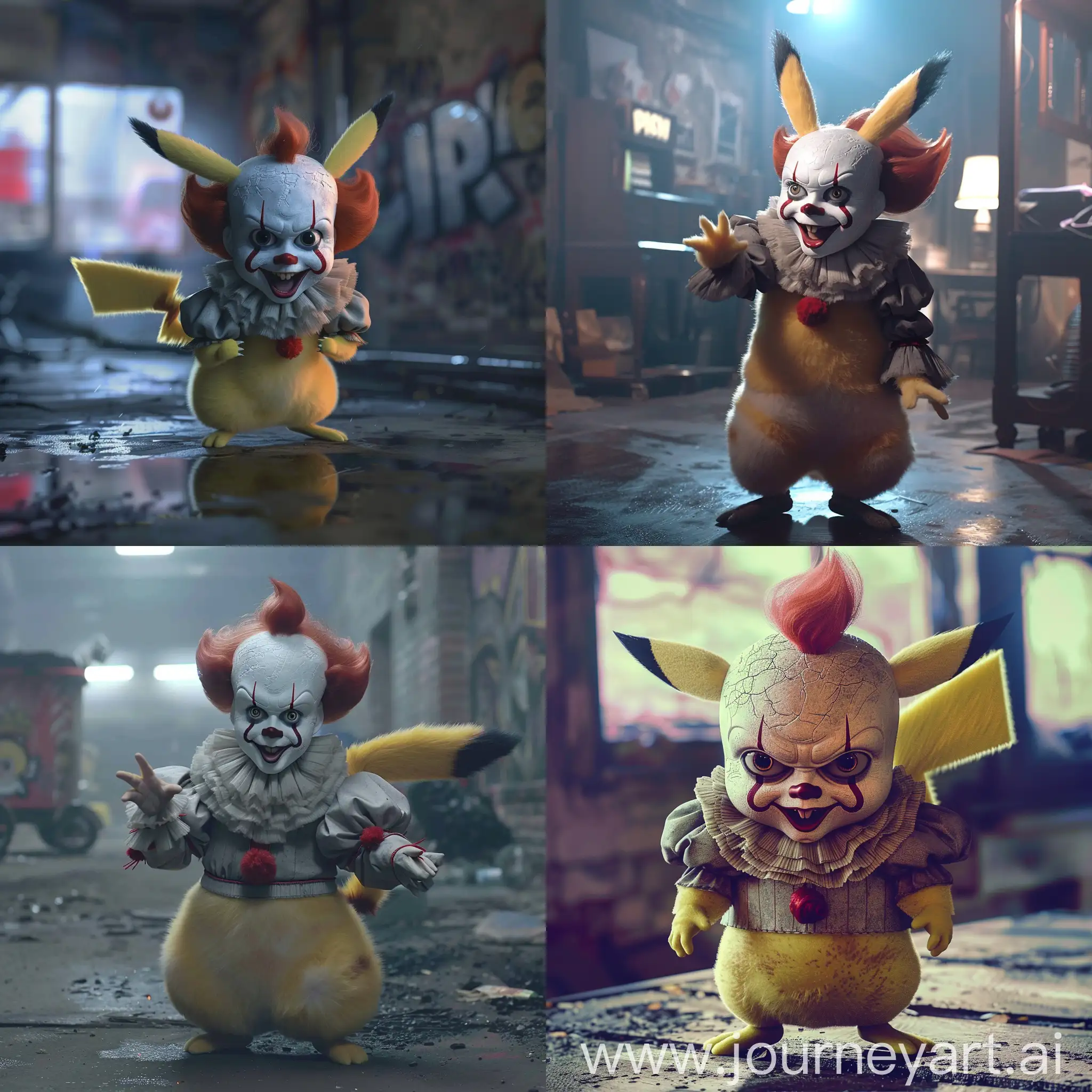 Pixar-Cartoon-Scene-Pikachu-as-Pennywise-in-a-Whimsical-Setting