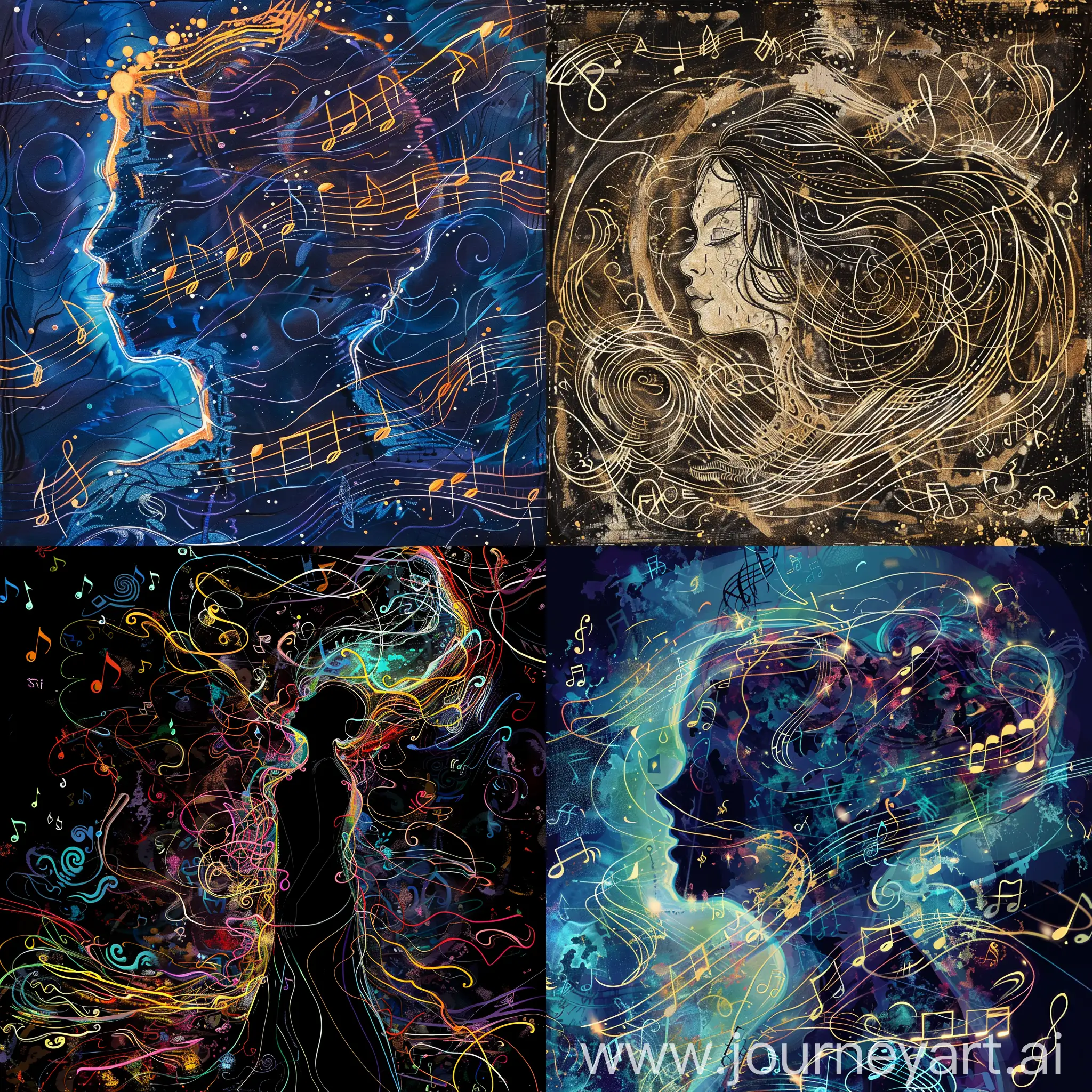 abstract music album artwork, female person outlines or loom surrounded by music waves and notes