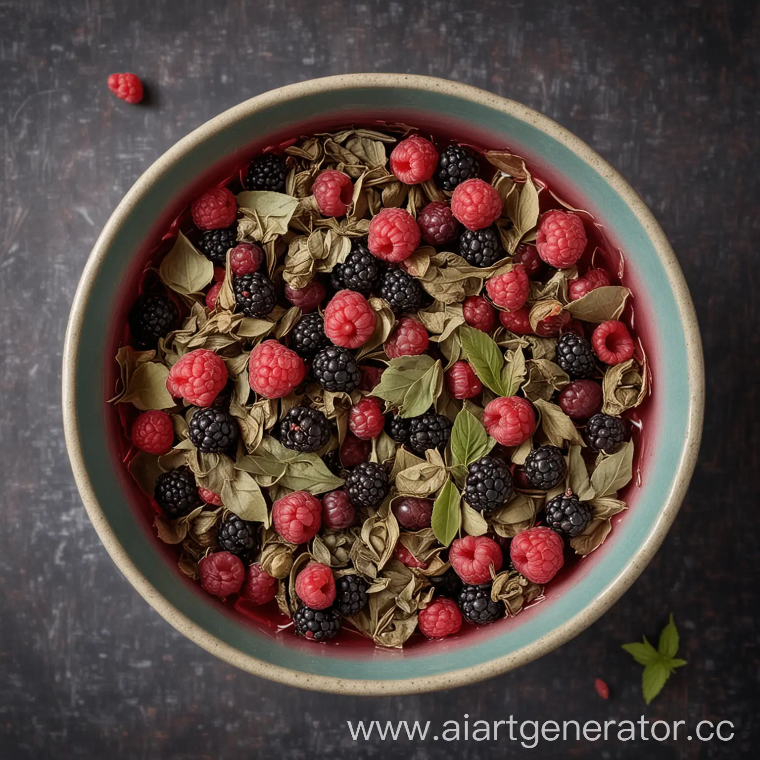 Raspberry-Blackberry-Cranberry leaf tea in a bowl, top view, with berries on the sides