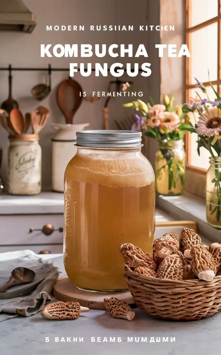 homemade Kombucha  tea fungus in a three-liter jar, modern Russian kitchen, a basket of  morels on the table next to the jar, cottagecore aesthatics