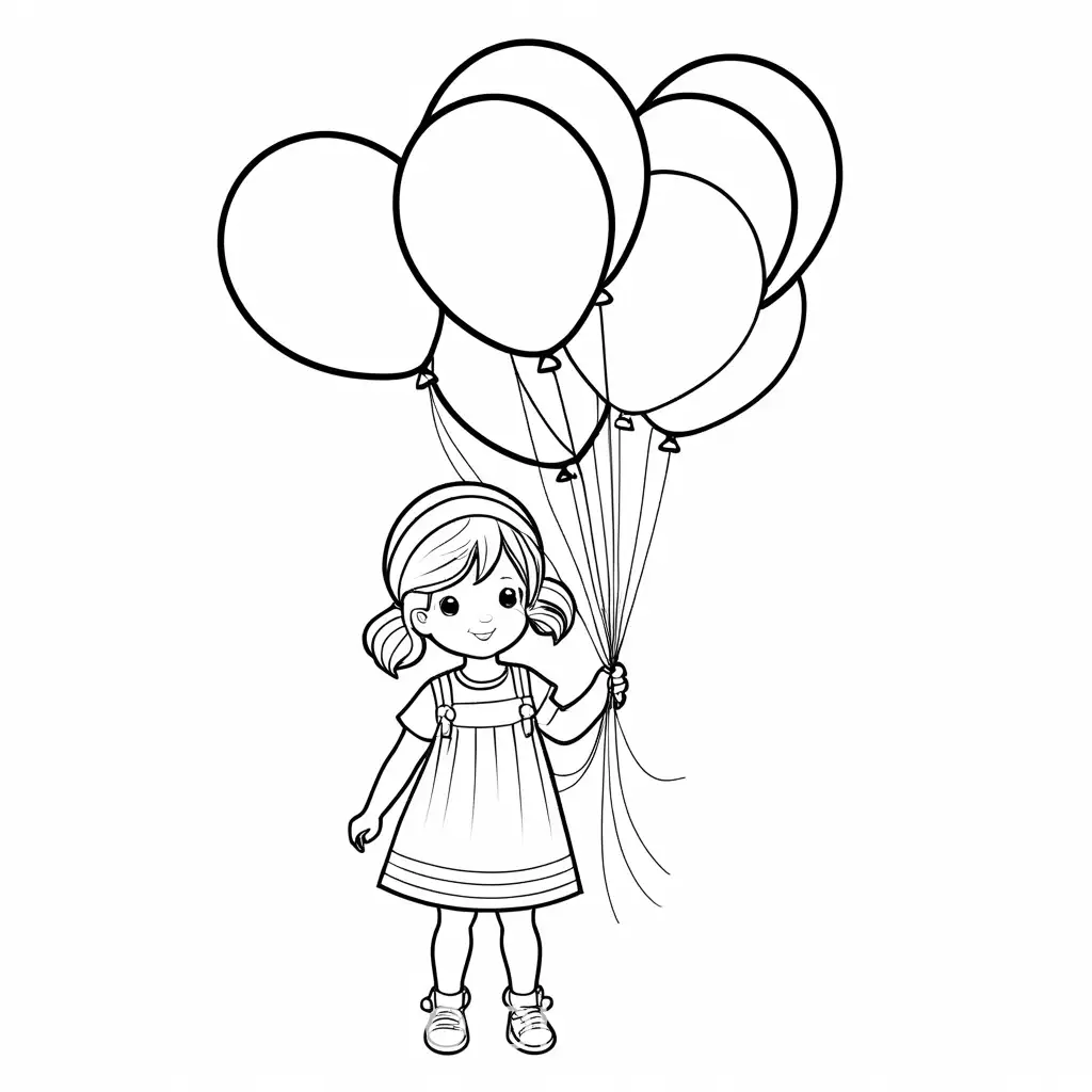 Little girl holding balloons, Coloring Page, black and white, line art, white background, Simplicity, Ample White Space. The background of the coloring page is plain white to make it easy for young children to color within the lines. The outlines of all the subjects are easy to distinguish, making it simple for kids to color without too much difficulty
