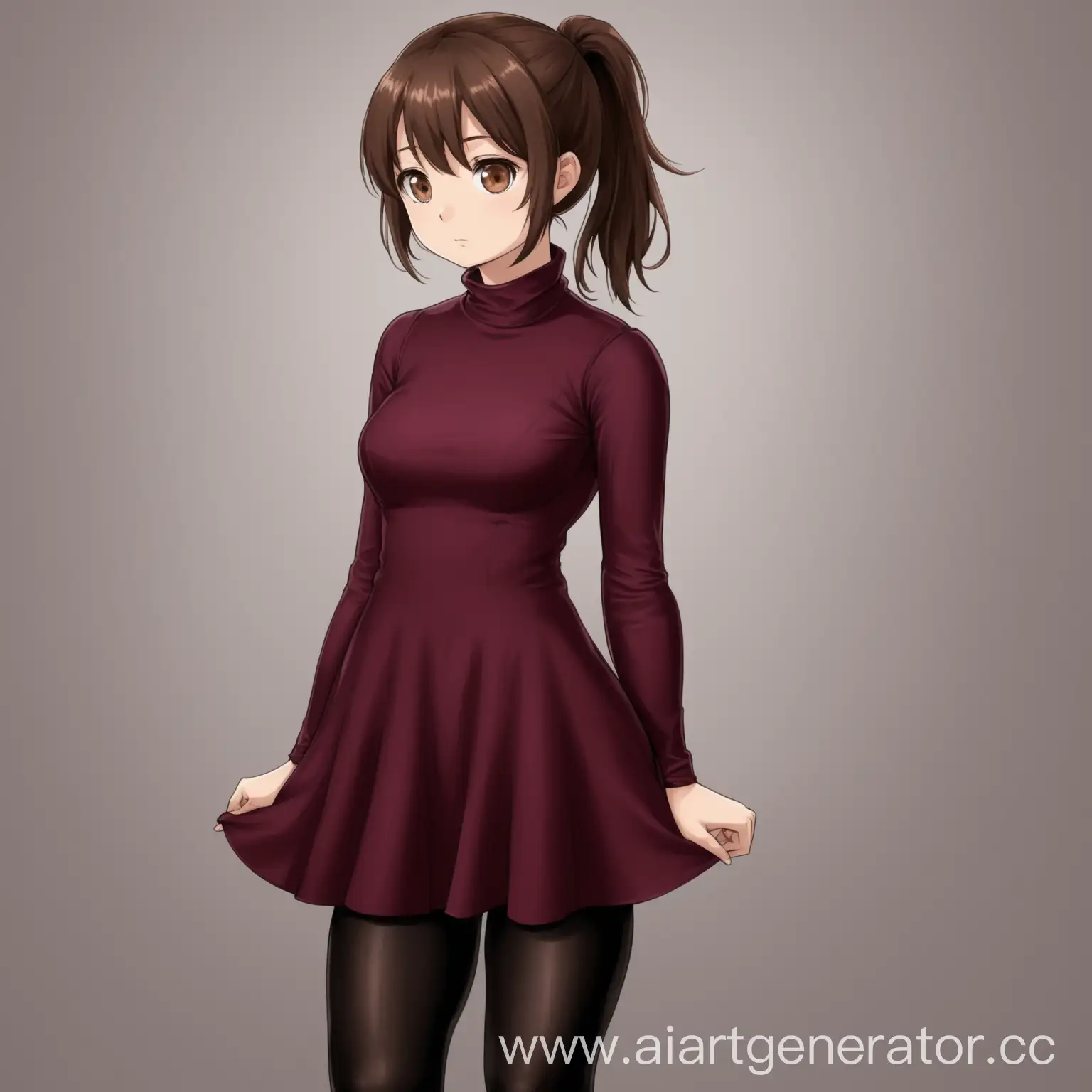 Girl-in-Burgundy-Dress-Black-Tights-Boots-Brown-Hair-Short-Ponytail