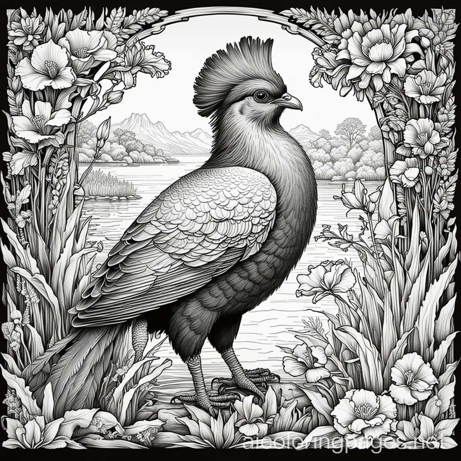 Victoria Crowned Pigeon black and white borders as well as with iris,lavender,daisy,orchid ,tulips and roses in the lake with black and white borders, Coloring Page, black and white, line art, white background, Simplicity, Ample White Space. The background of the coloring page is plain white to make it easy for young children to color within the lines. The outlines of all the subjects are easy to distinguish, making it simple for kids to color without too much difficulty