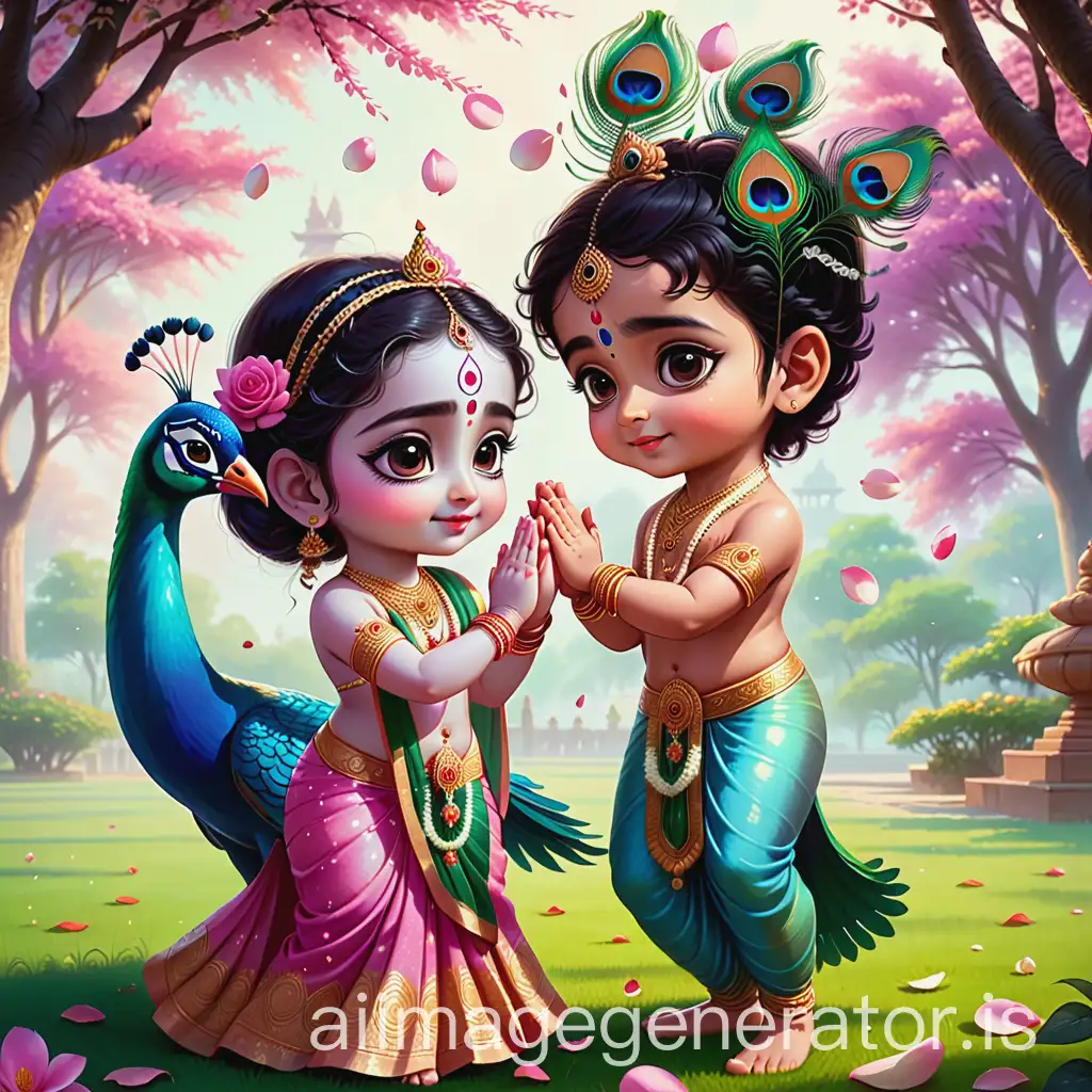 sri  krishna holdin the hands of Radha , the rose pettels are falling they are standing on grass they are with cute face big eyes in animation , on head of Krishna there is a peacock feather