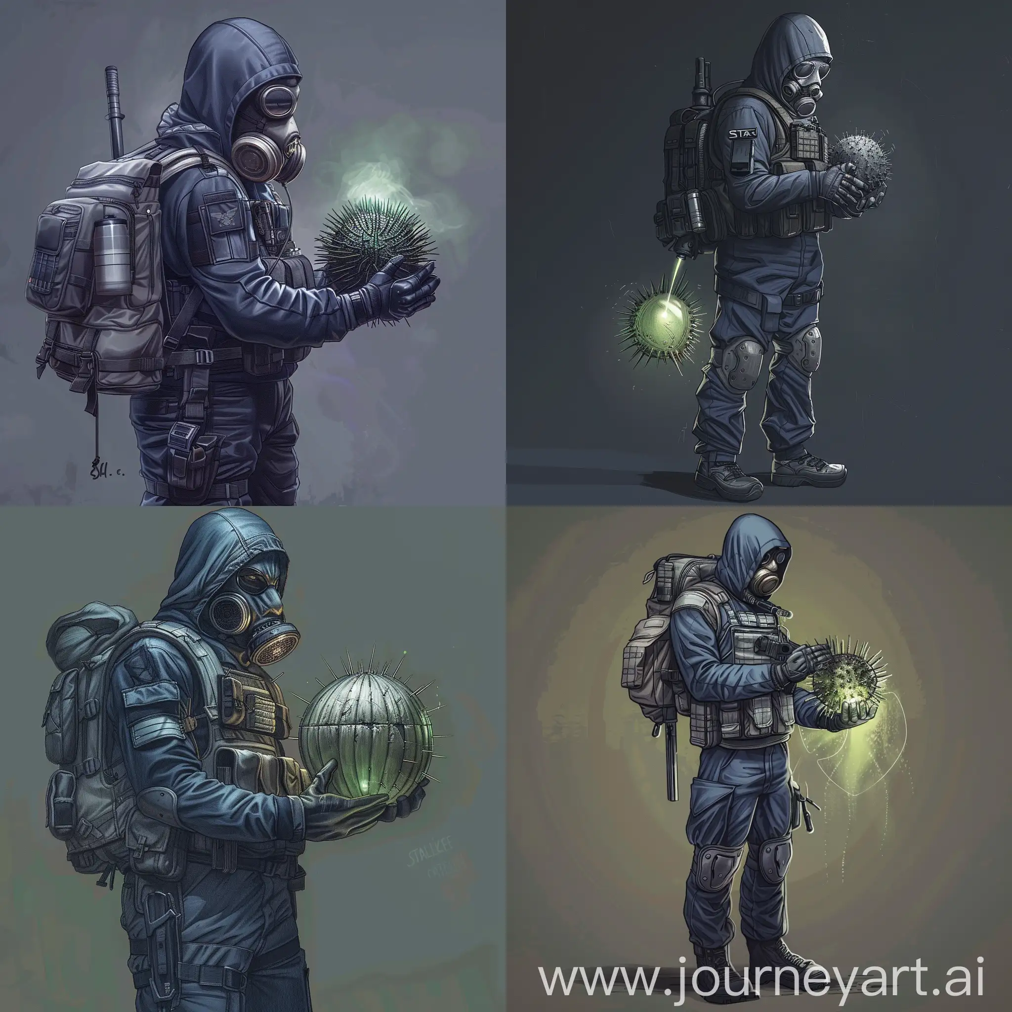 Digital art is a lone mercenary from the universe of S.T.A.L.K.E.R., dressed in a dark blue military jumpsuit, gray military armor on his body, a gasmask on his face, a military backpack on his back, in his hands, he has an artifact that looks like a large prickly ball, it glows bright green, glows at the mercenary.