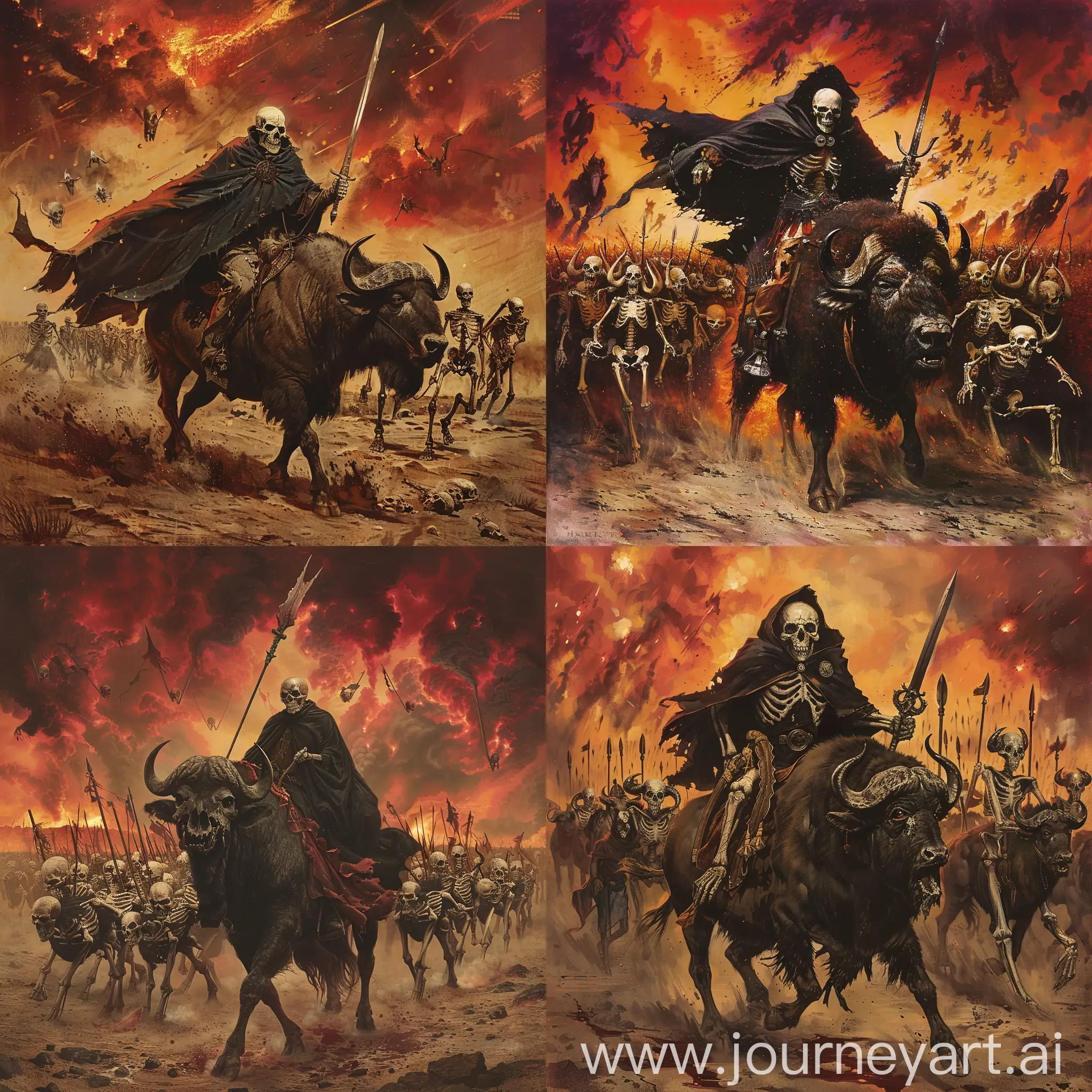 A dramatic scene of Hades, the Greek god of the underworld, leading a vast skeletal army into an apocalyptic battle. Hades is depicted with a skull head, draped in a black cloak, riding a powerful buffalo, and wielding a sword in a three-quarter pose. His skeletal army, some with horns, marches behind him under a fiery, blood-red sky. --s 750 --v 6 --style dark fantasy --chaos 40