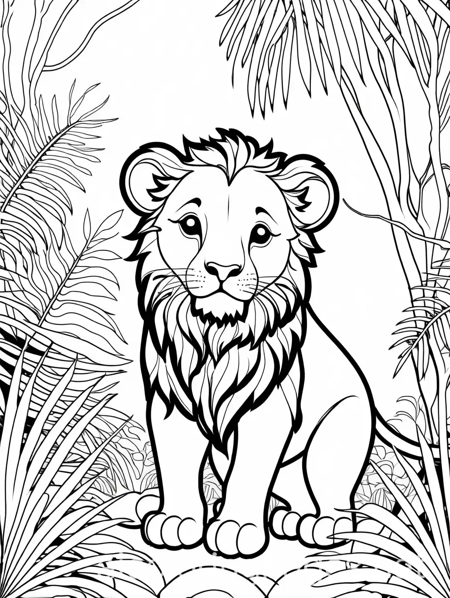  cute Lion in a jungle

, Coloring Page, black and white, line art, white background, Simplicity, Ample White Space. The background of the coloring page is plain white to make it easy for young children to color within the lines. The outlines of all the subjects are easy to distinguish, making it simple for kids to color without too much difficulty