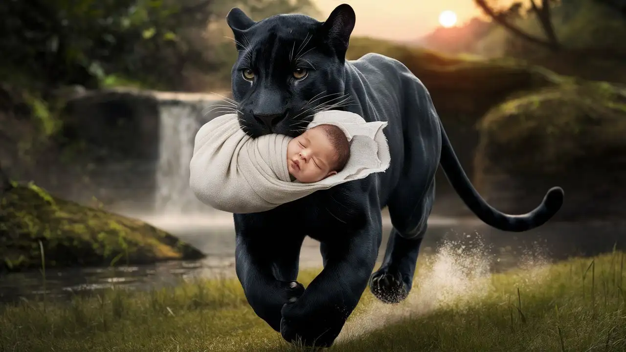 Black panther running away holding a two-month-old baby wrapped in white cloth in its mouth