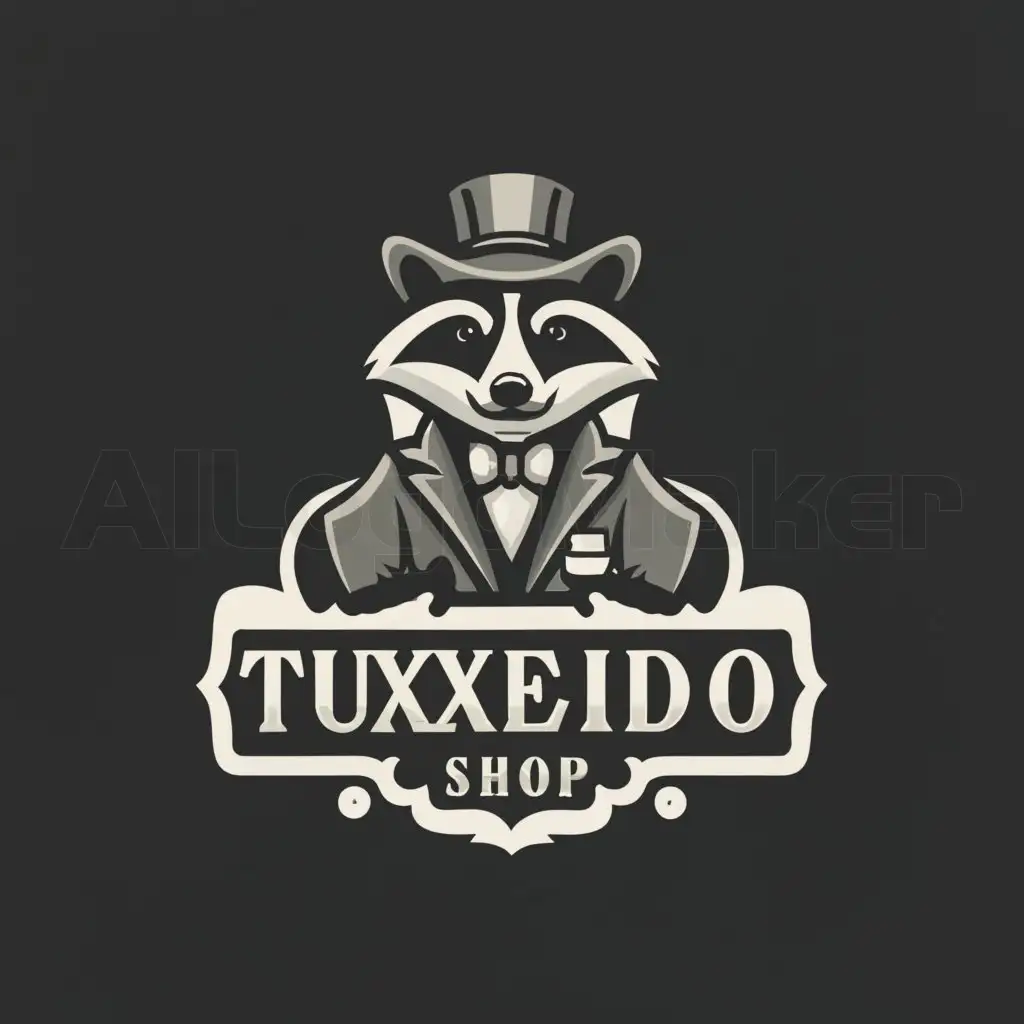 a logo design,with the text "Tuxedo shop", main symbol:Raccoon wearing tuxedo,Moderate,clear background