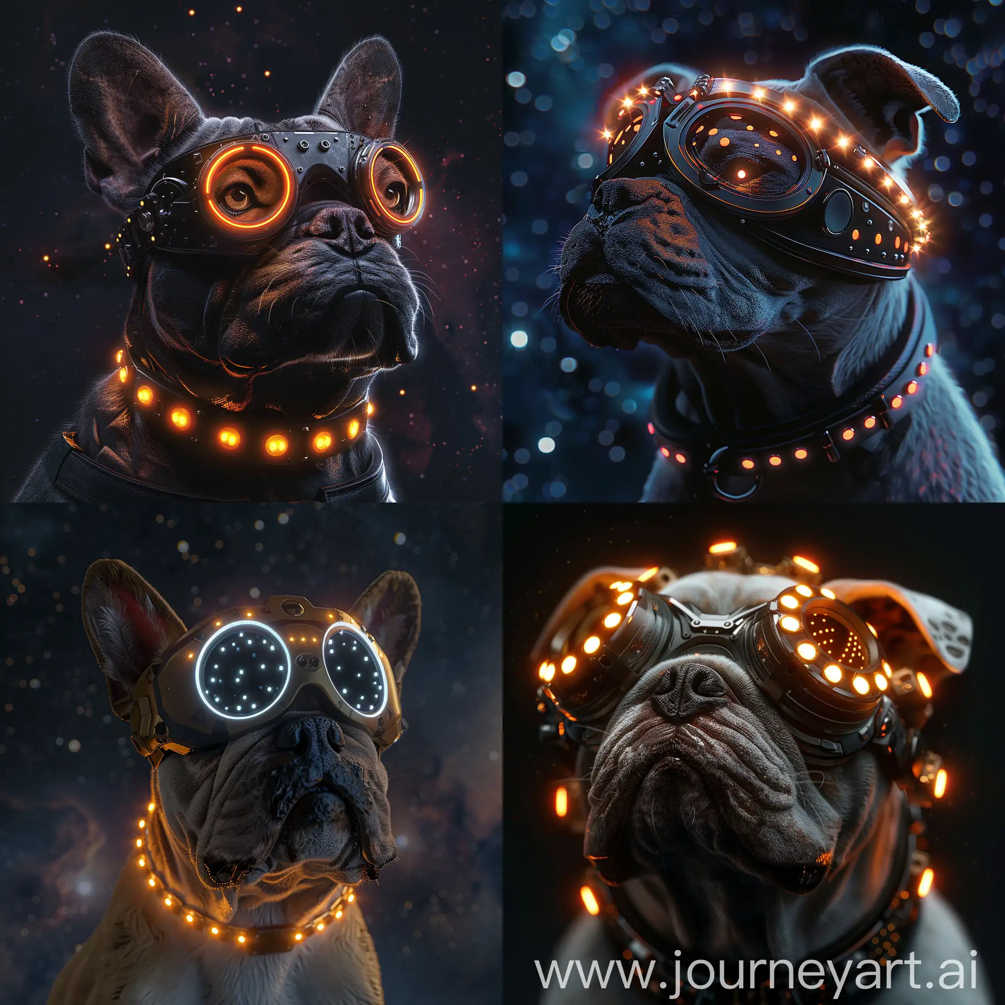 Собака Бульдог в космосе у собаки слитные очки ободок на глазу с индикатором шакалы в виде светящихся точек ещё у бульдога ошейник 