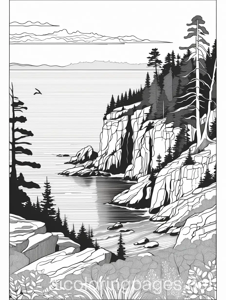 acadia national park, Coloring Page, black and white, line art, white background, Simplicity, Ample White Space. The background of the coloring page is plain white to make it easy for young children to color within the lines. The outlines of all the subjects are easy to distinguish, making it simple for kids to color without too much difficulty