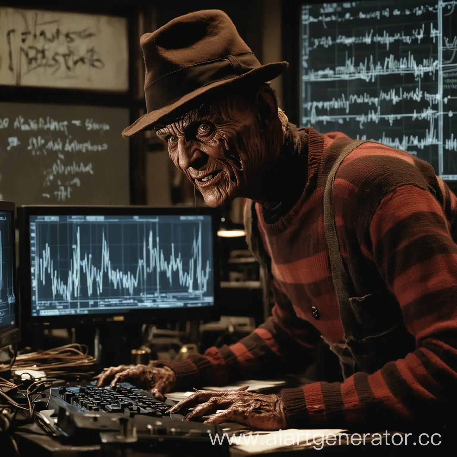 Фреди Крюгер на фоне мониторов от компьютера с графиками и подписью снизу Крюгер