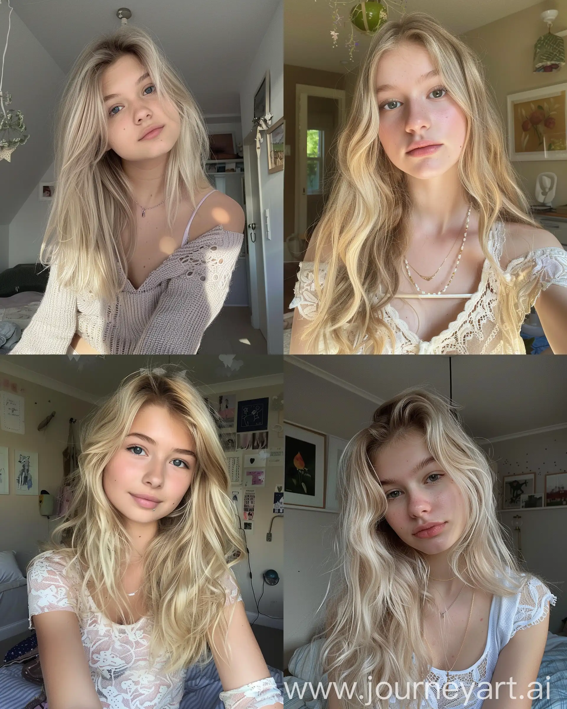 a typical Instagram selfie of a young girl taken in her room. Blonde, Lacy, influencer. --ar 4:5 --style raw --v 6.0 --