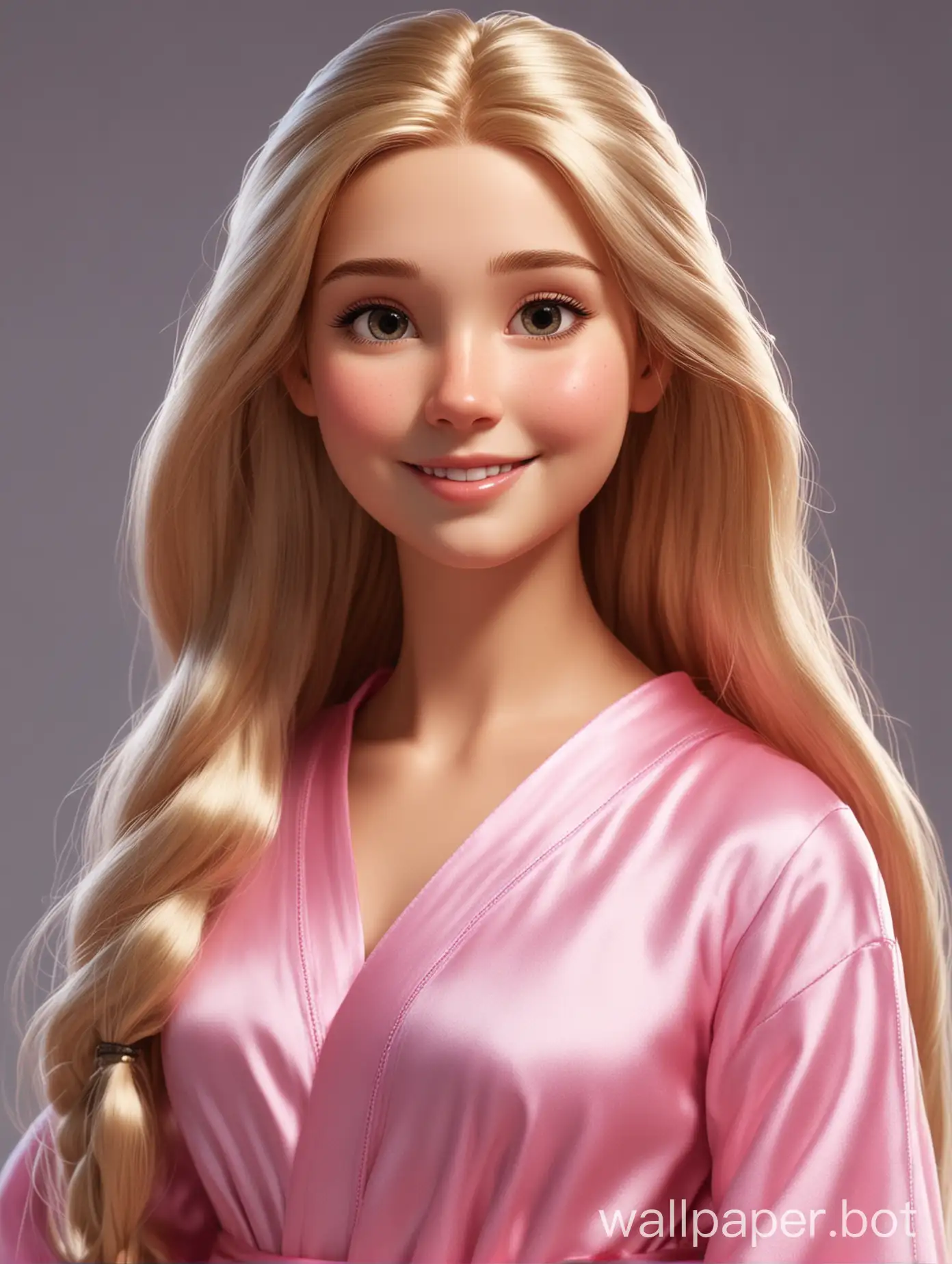 Реалистичная милашка Рапунцель с длинными прямыми волосами в розовом шелковом халате улыбается