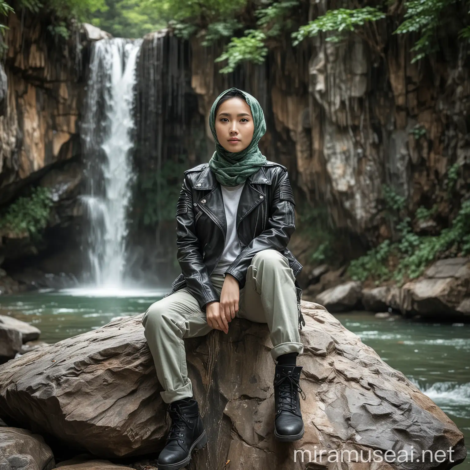 a Korean woman, wearing a hijab, leather jacket, and cargo long pants, sitting on a big rock, facing the camera, with a wooden background, and a very clear black and white and green waterfall, tropical, ultra HDR extreme original face