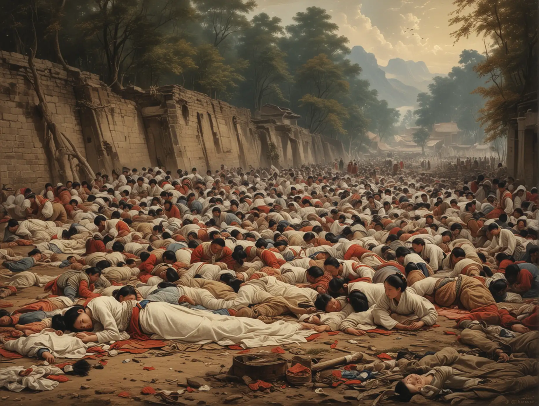 Taiping Heavenly Kingdom. 1862. Anqing. City falls. Massacre. Women. On the ground. Holding infant. Ruptured abdomen.