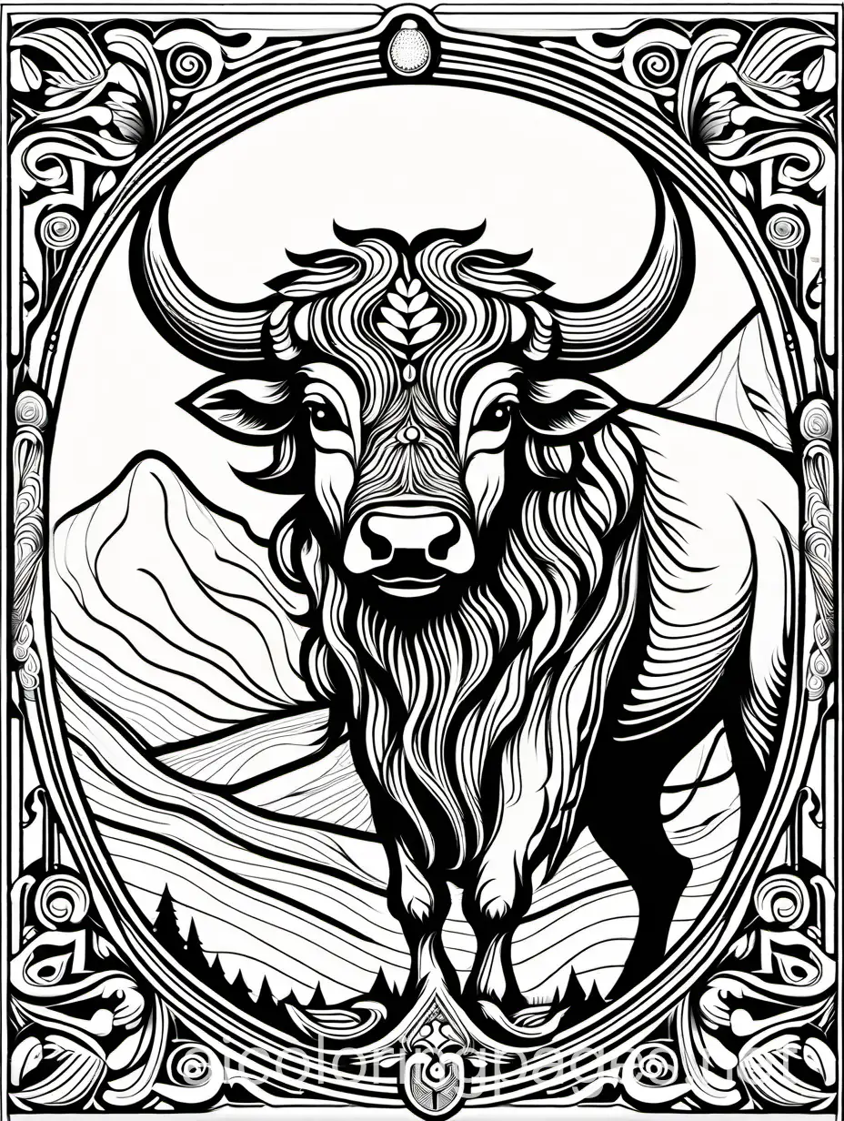 Buffalo,  fantasy, ethereal, beautiful, Art nouveau, in the style of Brian Froud, Coloring Page, black and white, line art, white background, Simplicity, Ample White Space. The background of the coloring page is plain white to make it easy for young children to color within the lines. The outlines of all the subjects are easy to distinguish, making it simple for kids to color without too much difficulty