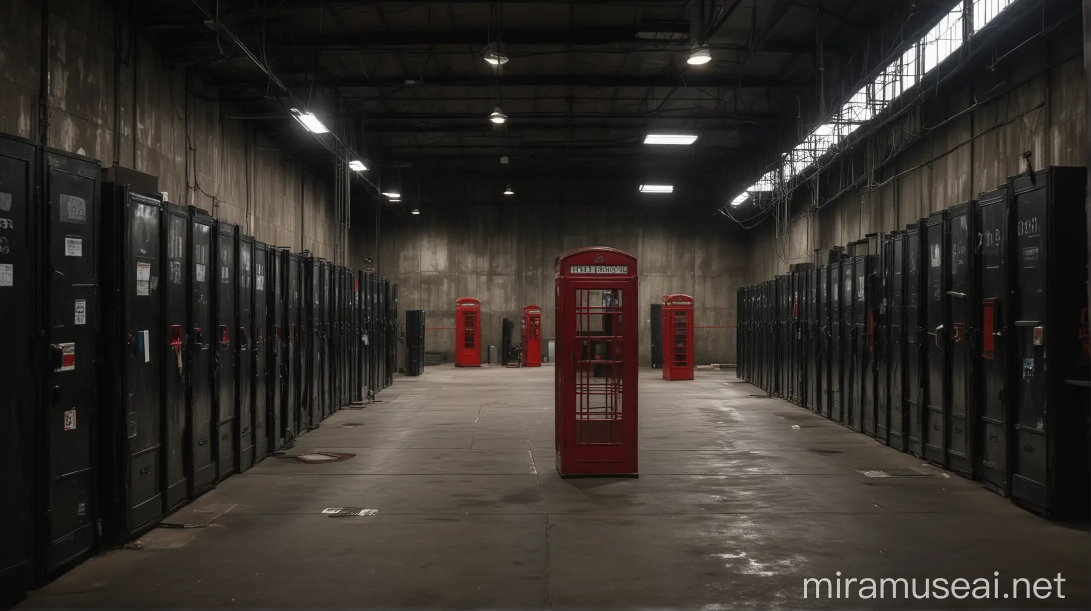 overly big warehouse with black boxes on shelves and dark aesthetic and some mysterious source of light on main aisle, hanging around the warehouse, 
Red simple phone booth with wide windows standing in the middle of warehouse