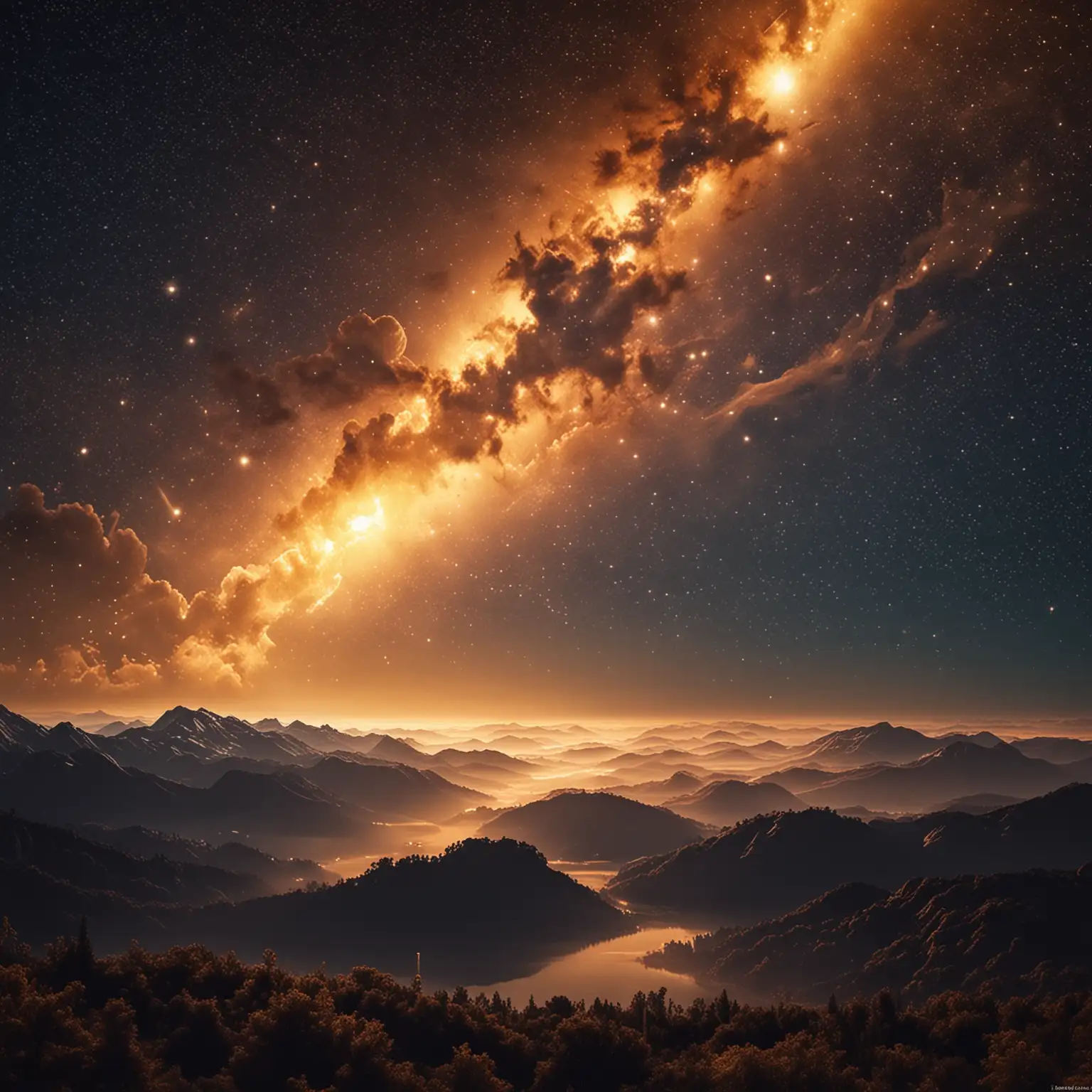 create an image that depicts a night sky with golden light effects