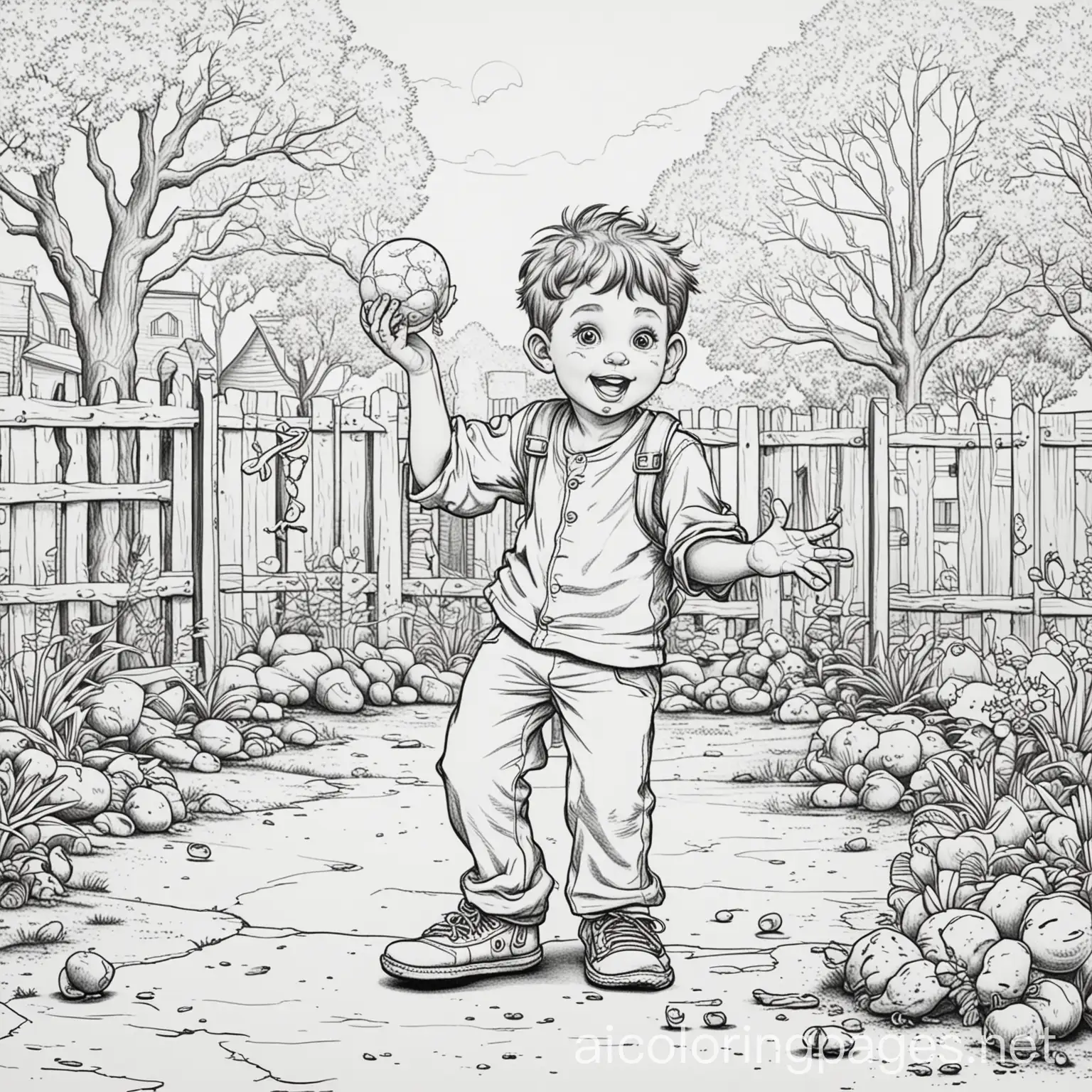 a cartoon Boy in a ghetto park, featuring a comical talent show where local residents showcase their unique skills, such as a juggler with rubber chickens and a contortionist escape artist. Coloring Page, black and white, line art, white background, Simplicity, Ample White Space, The background of the coloring page is plain white to make it easy for young children to color within the lines. The outlines of all the subjects are easy to distinguish, making it simple for kids to color without too much difficulty
