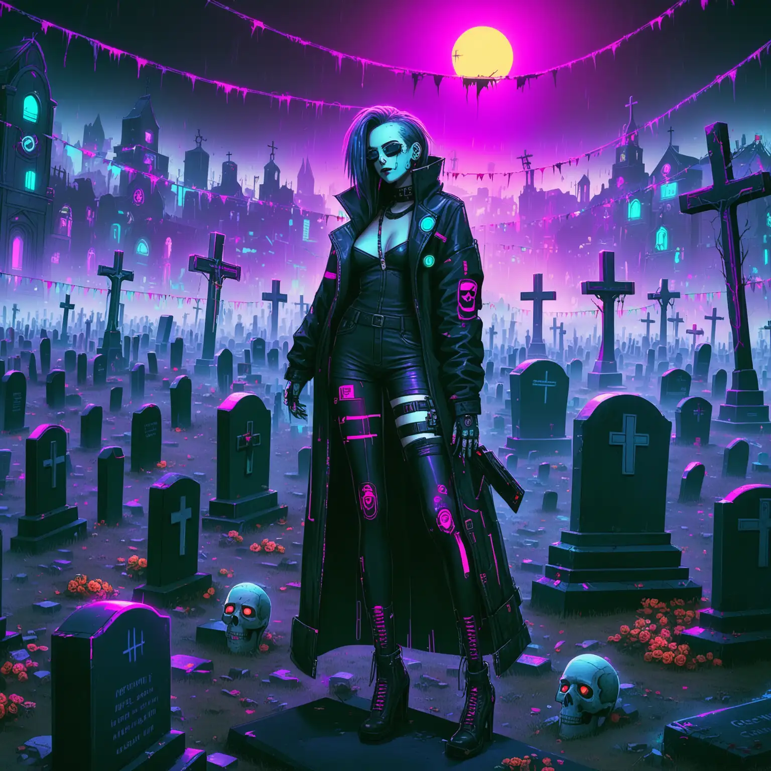 Cyberpunk-Party-in-a-Graveyard-at-Night