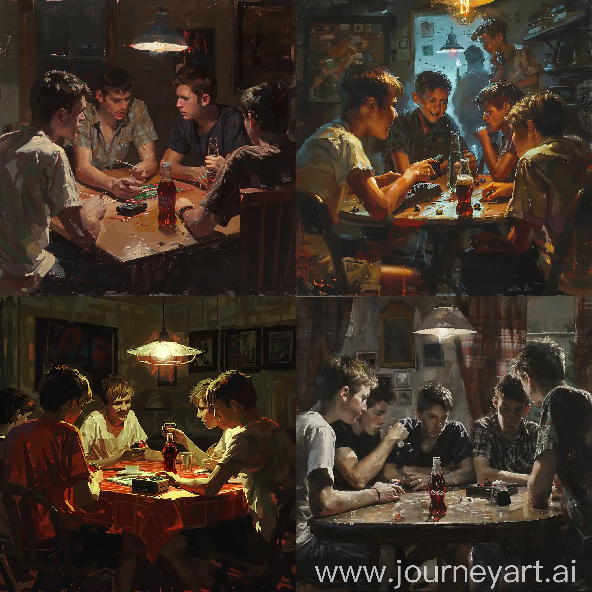 A group of friends at the table, boys, a joystick on the table, a cola on the table