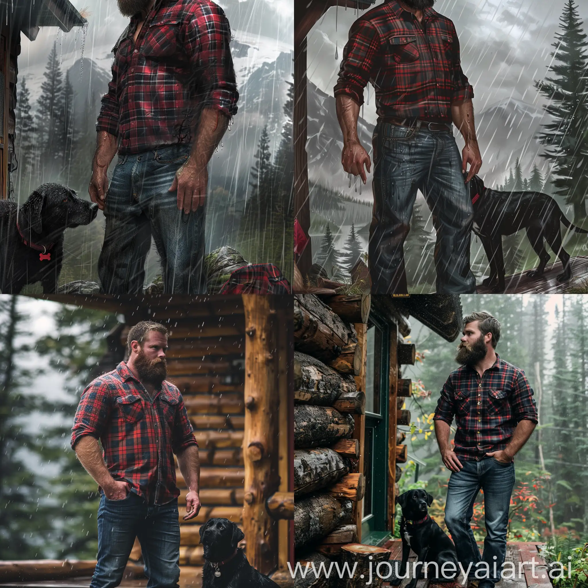 raining day at mountain cabin. Musclar harry beared man, jeans, and plaid shirt, with black lab.