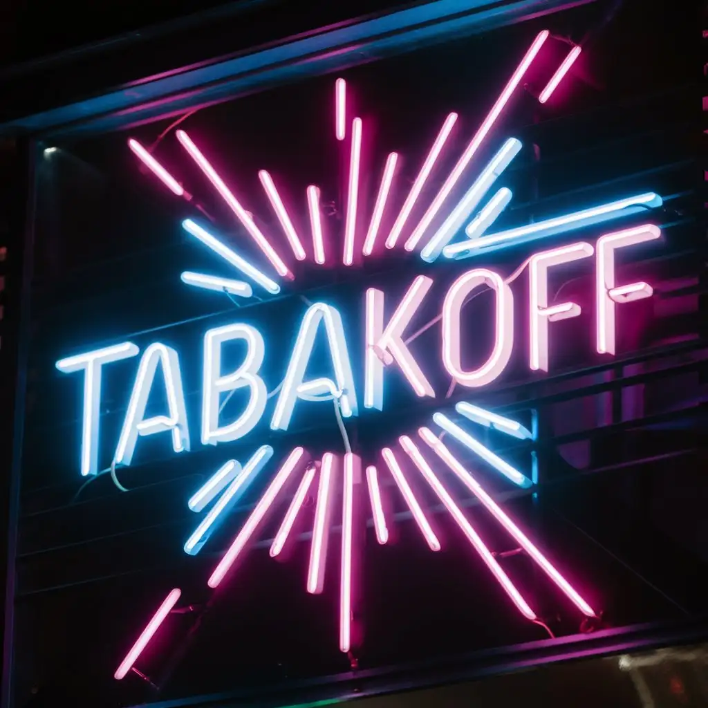 неоновый логотип "Tabakoff" с синими и розовыми цветами на черном фоне ( прямой ракурс)