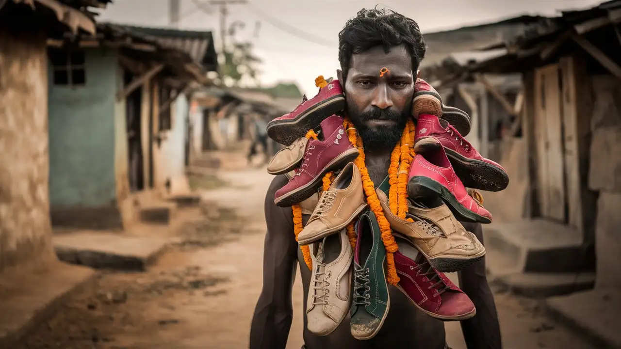 Indian Man Adorned with Shoe Garland in Village Setting