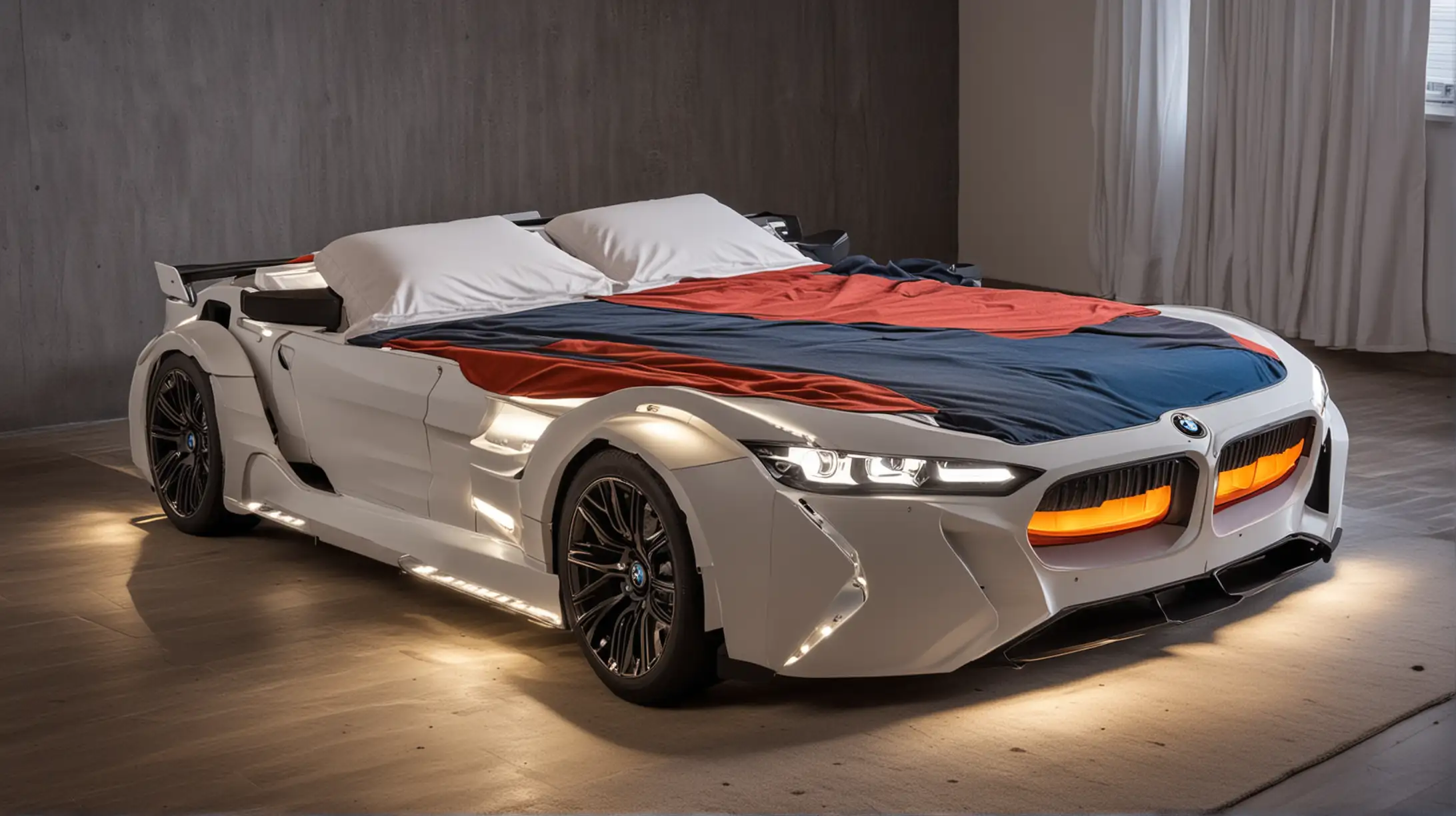 Double bed in the shape of a BMW car with headlights on and in multi-colors