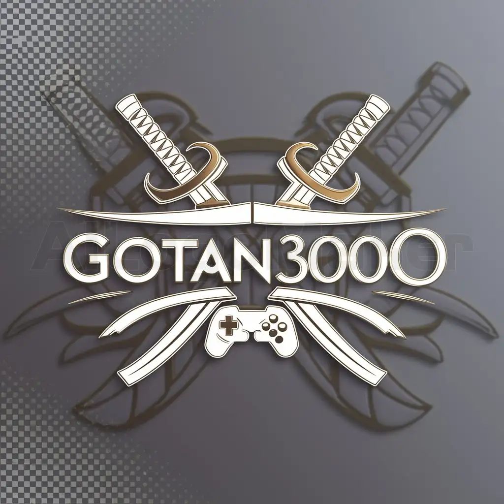 a logo design,with the text "gotan3000", main symbol:Seria un logo elegant with white and gold touches of a gaming stream avatar, with crossed katanas and video console controllers in the background and futuristic lettering in general,complex,be used in Entertainment industry,clear background