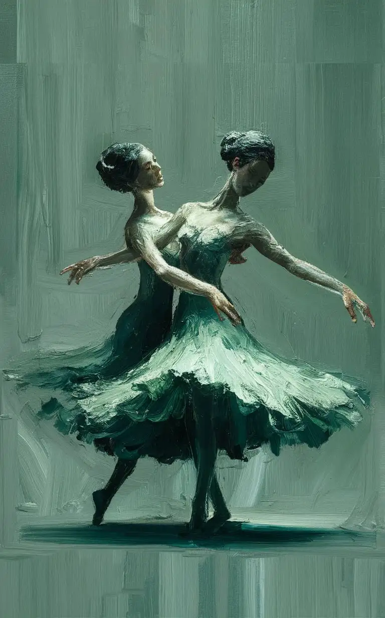make a piece of ultra minimalistic art using thick brush strokes and a lot of texture. use subtle desaturated green and blue tones. I want this art to subtly resemble two dancers