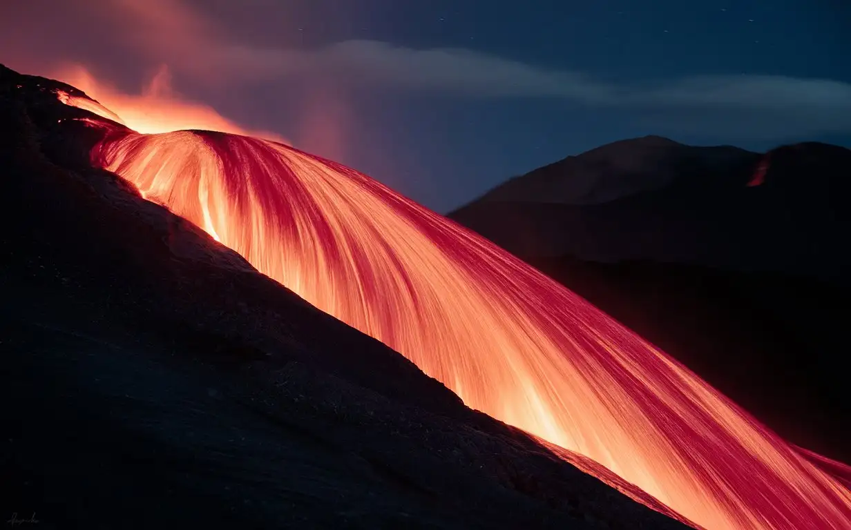 close-up of pink lava flowing down the slope, radiating, vivid, night time