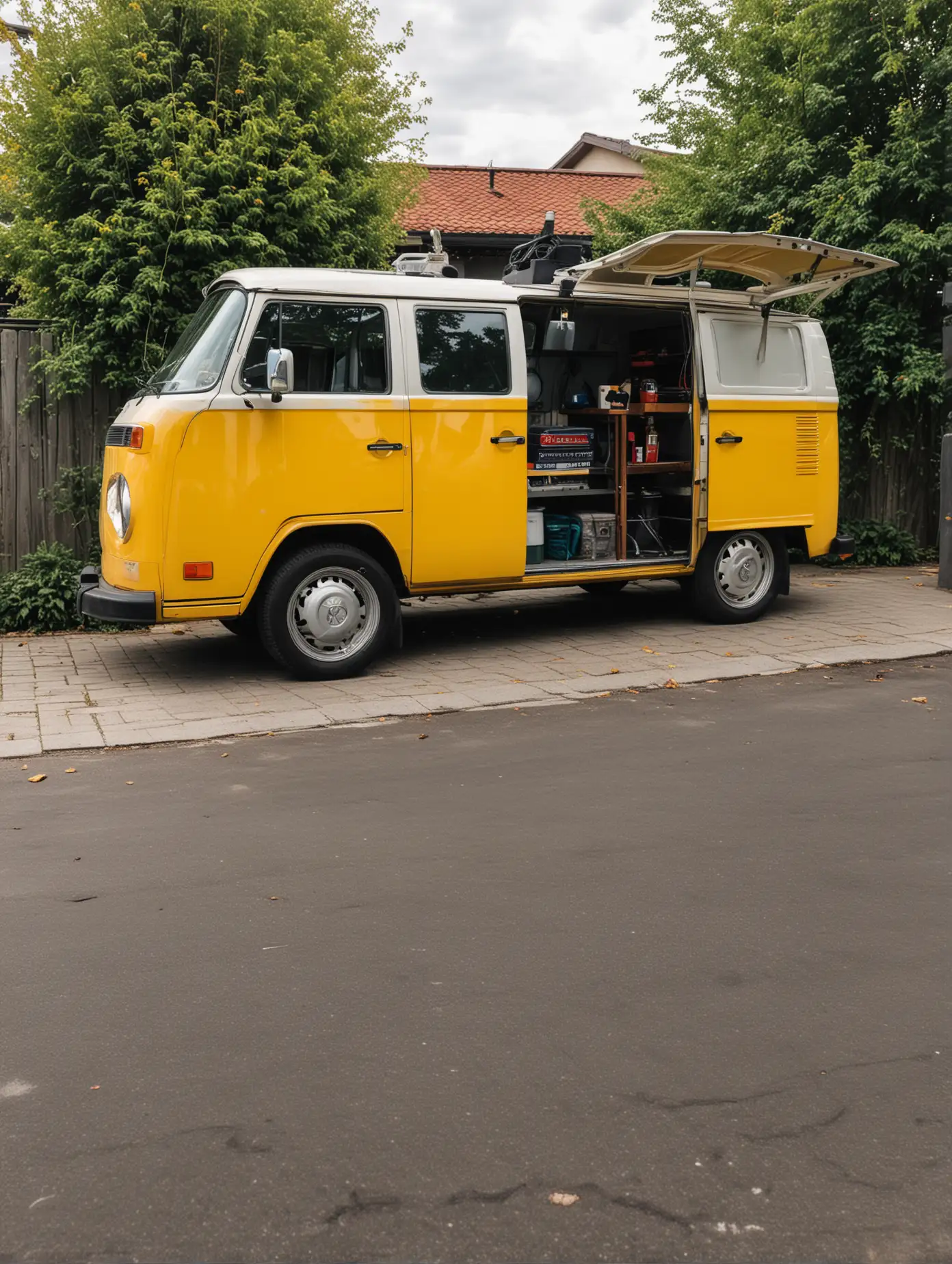 mobile well-kept, tidy tire service, in a vw-van, business look, lots of outdoor space, side view, yellow
