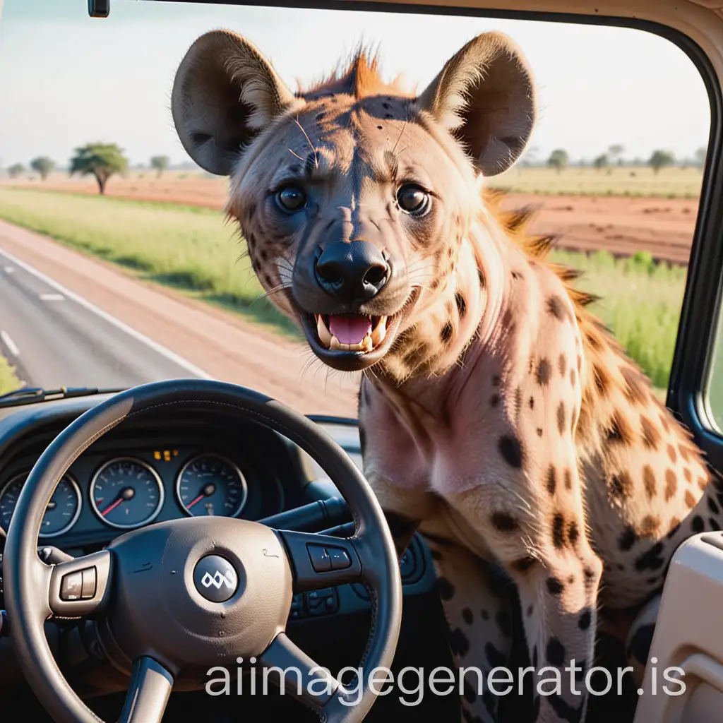 hyena behind the steering wheel of lorry