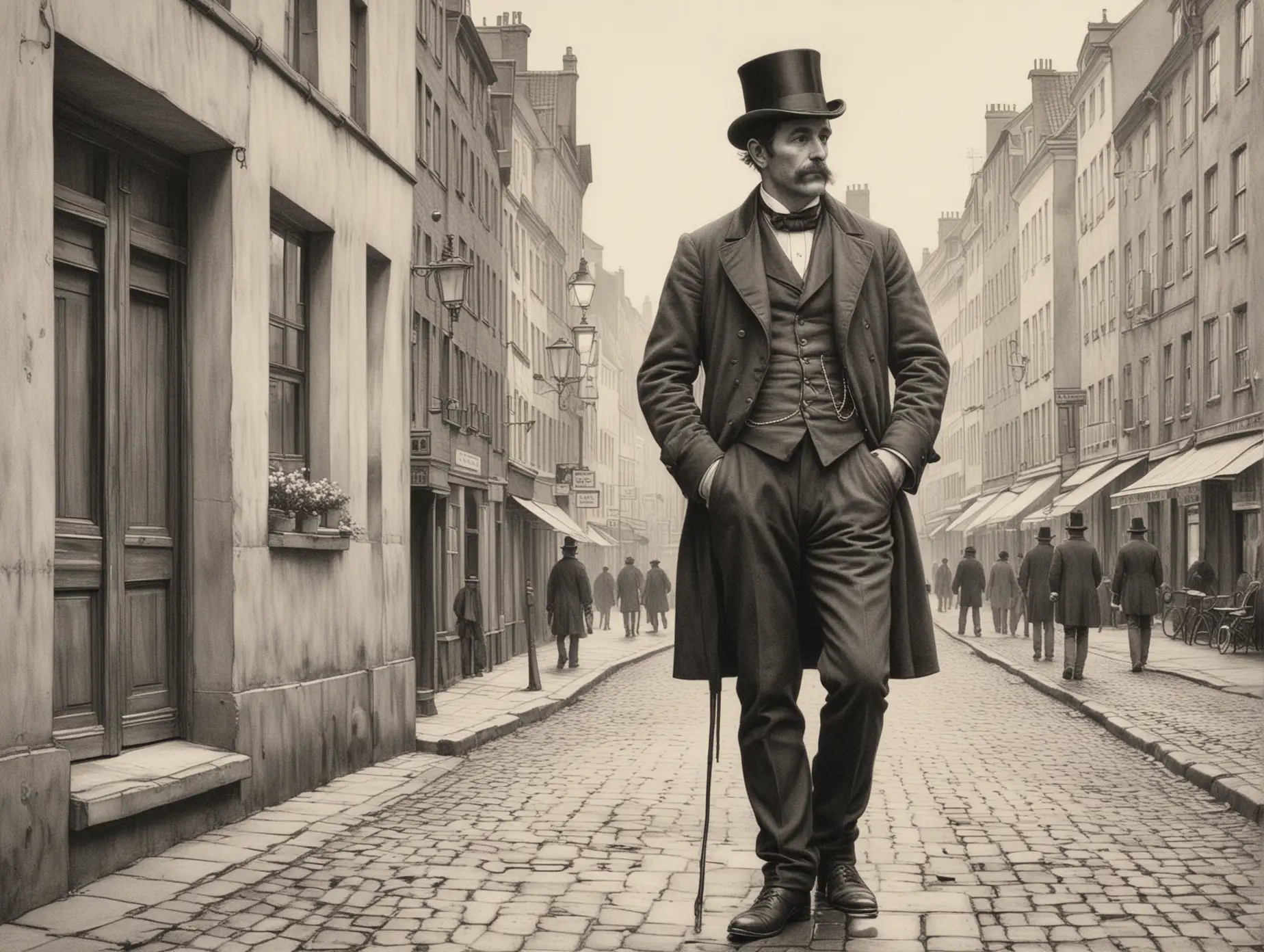 Man in 1850s Copenhagen Street Scene Poor Man in Top Hat Etching