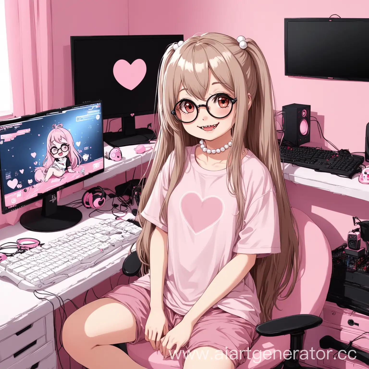 rown eyes light brown long hairs. Glasses with light pink boards. Baby pink oversize T-shirt. White bead WHITE COLOUR OF BEAD  choker with  iron small heart on the middle. A little bit thick thighs, small waist. A small chest, cute smile with little fangs. Cozy room in white/pink colours  on the backround with computer  gaming setup. In black loosy  pants. 