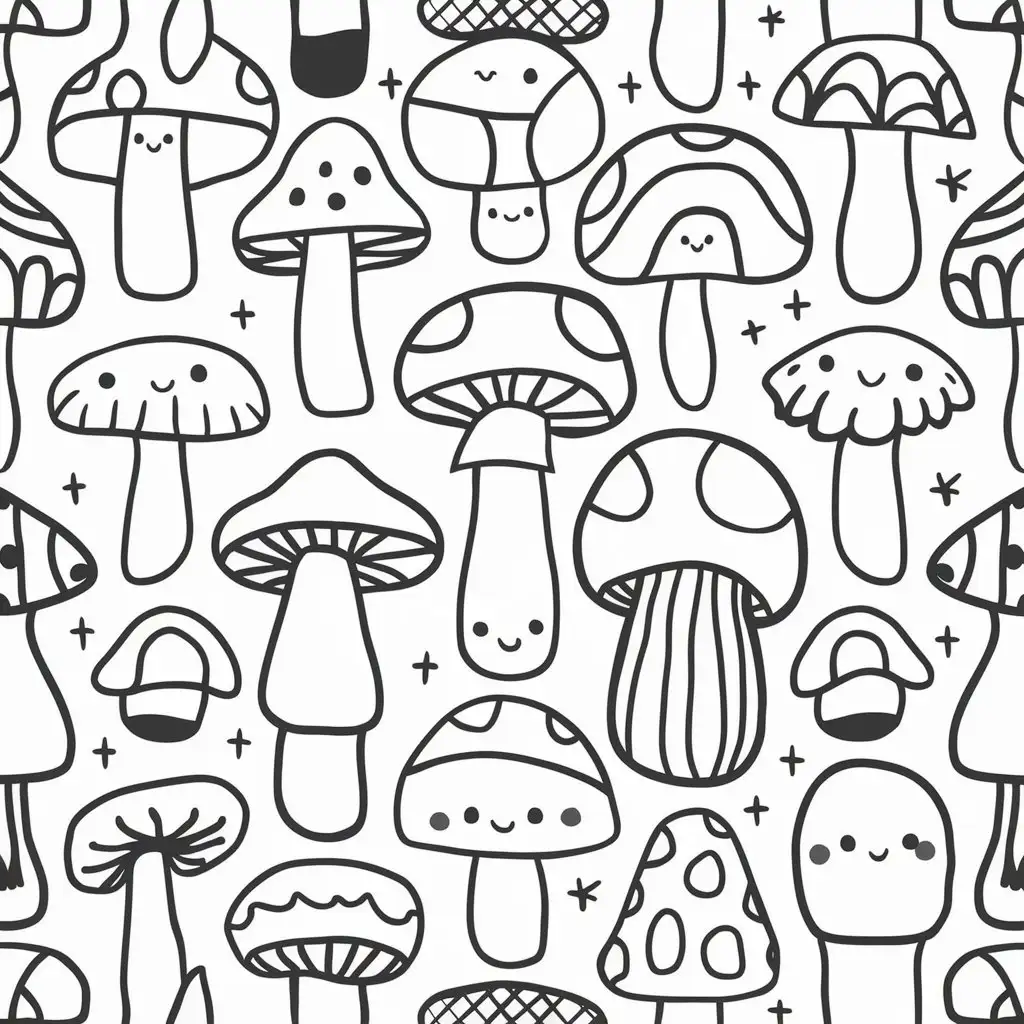 simple cute mushrooms pattern coloring page. all in black and white. white background. should cover the whole page.