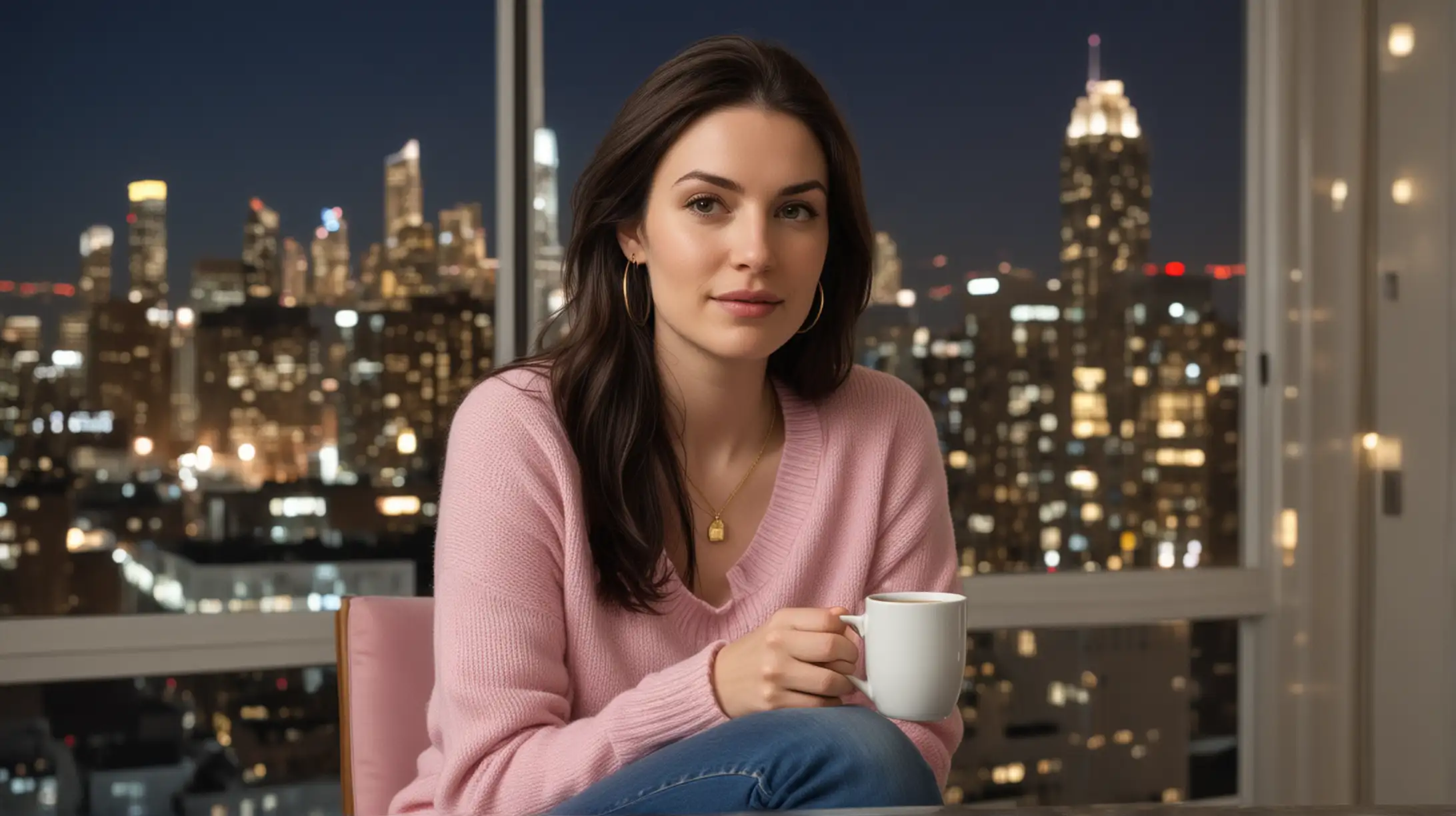 30 year old pale white woman with long dark brown hair parted to the right, wearing a gold necklace, pink sweater and blue jeans, sitting in a chair at a kitchen table with a mug of hot tea, overlooking an urban high rise apartment background at nighttime.
