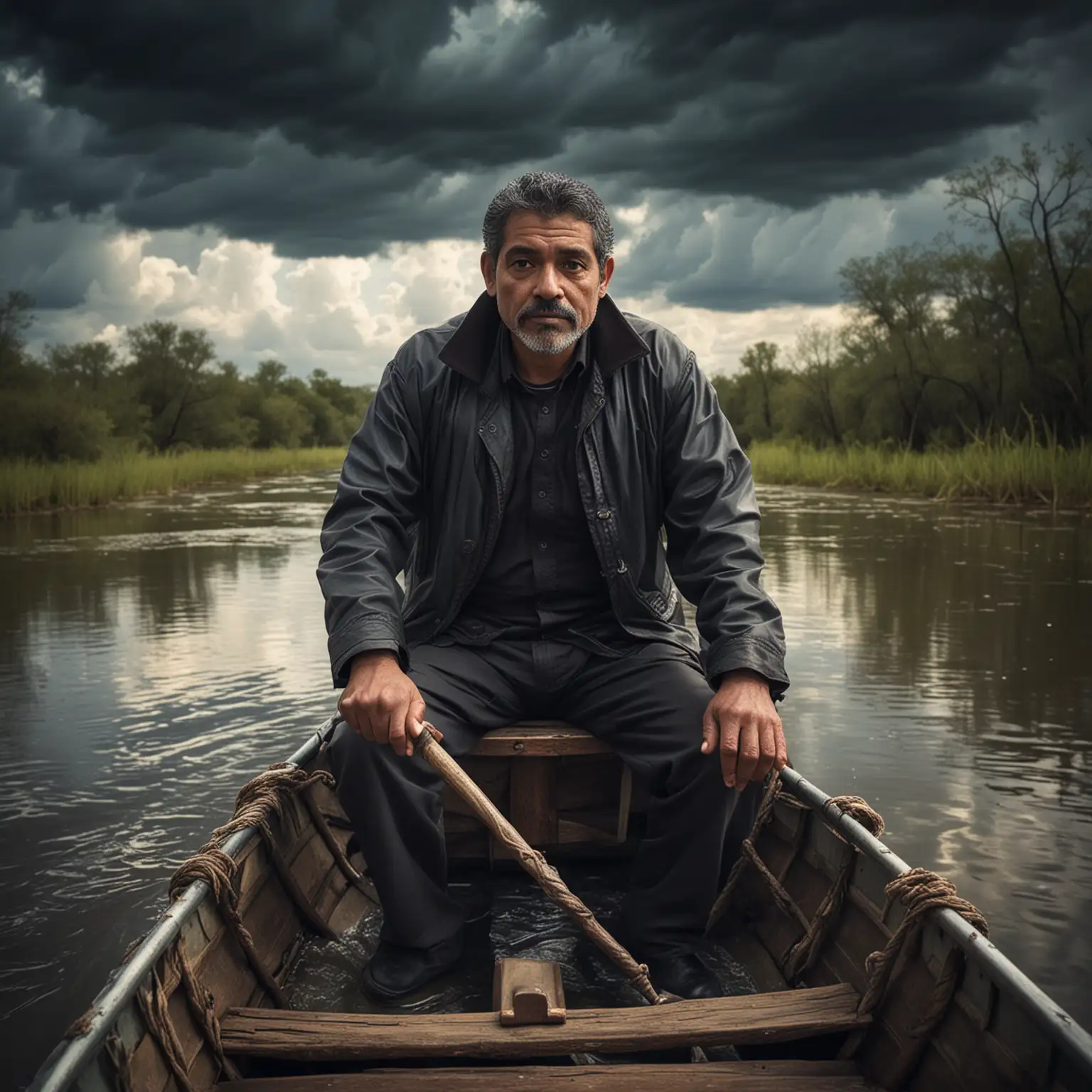 a middle age hispanic man holding a metal cane and sitting in a tiny boat on a river on a cloudy day, vibrant colors, dramatic lighting